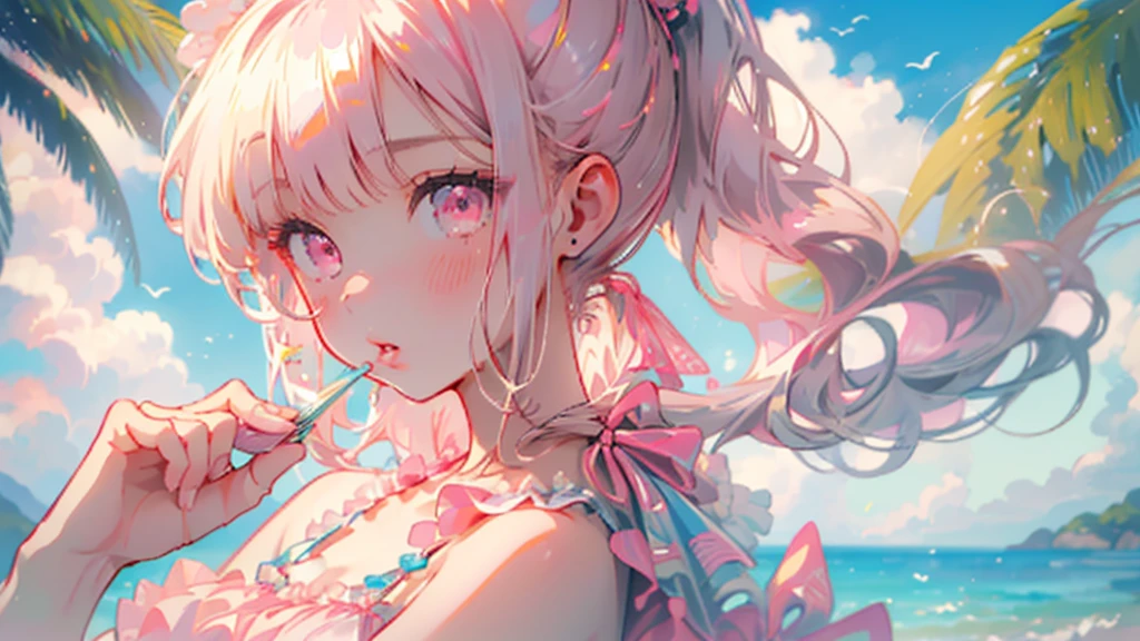 ((masterpiece、Highest quality、Very detailed))、One Girl、Face close-up、blonde、long hair、((ponytail))、Bright pink eyes、Earrings、blush、Watery eyes、((Pink Lips))、((Open your mouth))、Medium chest、((Swimwear))、((Upper Body))、