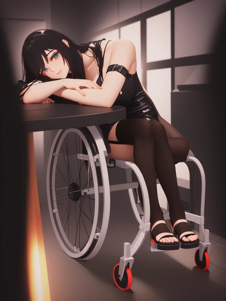 Best Quality, very detailed, highres, full body, BREAK, solo, a long haired black haired promiscuous young-woman in a wheelchair, crossed arms, arms on a table. She is happy on a cyberpunk cafe. She is wearing a futuristic leotard and complete pantyhose. Looking to viewer. cinematic illumination.