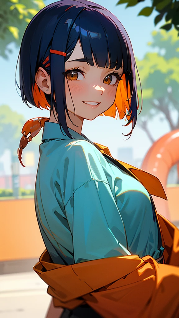 １girl、shrimp、Shiny dark blue hair、Short Bob Hairstyles、Tie your hair with an orange hair clip、Beautiful brown eyes、Blouse shirt with ethnic patterns and primary colors、Grin、From the side、Upper body close-up、Morning Park、Background Blur, Written boundary depth