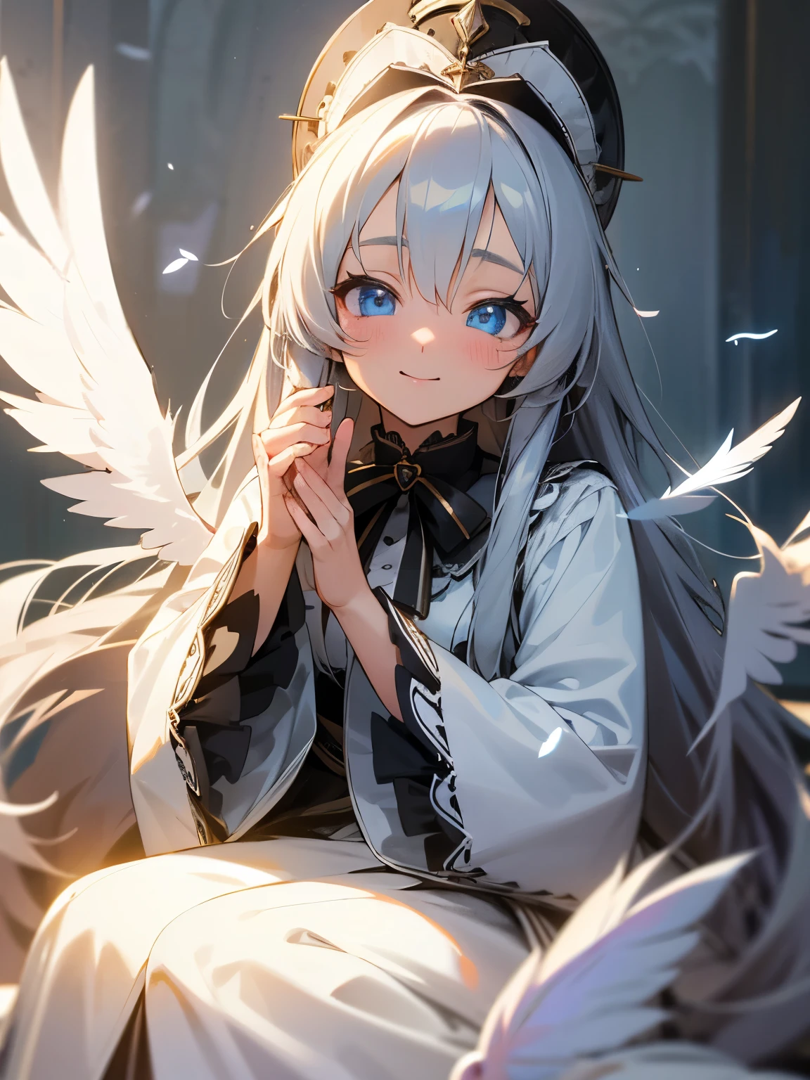 kawaii, anime, Cute, hyper quality, highly detailed, 8k, Clarity, Draw facial expressions in detail, long silver hair woman, mysterious, Beautiful eyes, highlight on eyes, smile, Feathers dance, full of light, wink, light pours from heaven, meditation, sitting, gothic lolita clothing, Clarify the contrast between light and shadow, divine, lady, upward glance, pull point, Uplifting, eye color is blue,