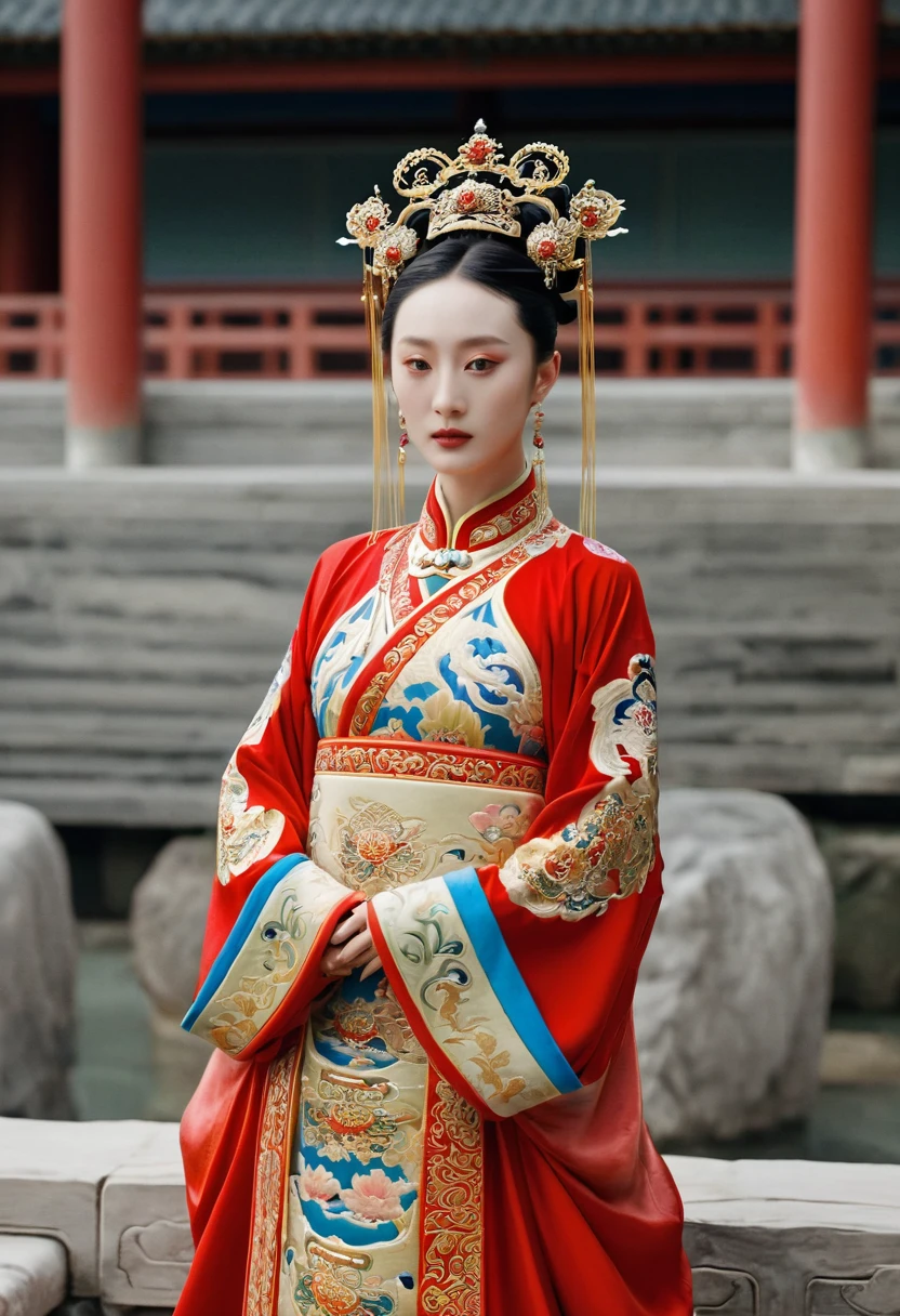 Chinese actress Ruyi Den Jow Shun (Zhou Xun) similar face Qing dynasty empress seen from front standing full body empress red costume open and out looking large breasts and hairy pussy　
Nude
Qing Dynasty Chinese palace outside stone tatami mats with large crown of Empress of China hairstyle