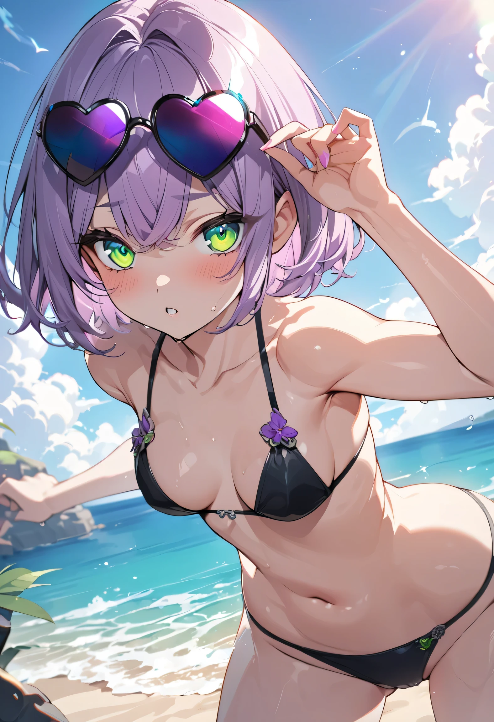 anime girl, phosphorescent lilac hair, very short hair, , green eyes, heart shaped sunglasses (black color), on the beach, black bikini, medium breasts, sexy pose, sexy, detailed eyes, ultra detailed, high quality, , beach..
