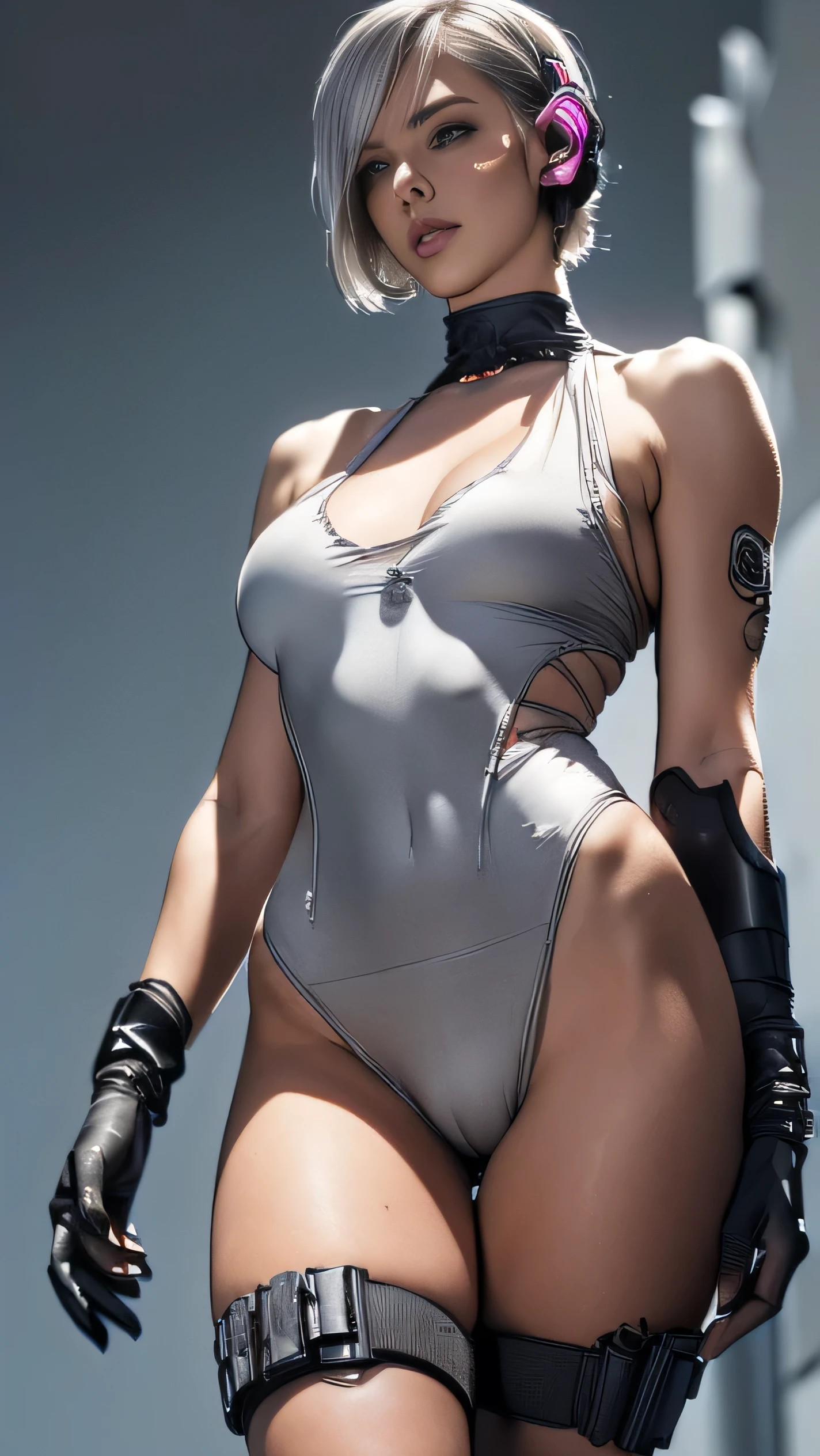 (A woman),(((A female member of the Future Force stands))),((Silver tactical high leg bodysuit:1.5)),((earphone:1.5)),((Tactical Holster:1.5)),(Gloves:1.5),(Serious:1.5),(Super short hair:1.5),(beautiful eyes:1.3),(Very detailedな顔:1.5),((Very detailed drawing of a female hand:1.5)),(((muscular:1.5))),((Sexy appearance:1.5)),((Thick thighs:1.5)),(Beautiful Body:1.5),((Very sensual:1.5)),(The backdrop is a futuristic city:1.5),(Cyberpunk atmosphere:1.5),(((Blurred Background:1.5))),(Written border depth:1.5),rest(((masterpiece:1.5),(best quality:1.5),(Very detailed:1.5),(high resolution:1.5),(Practical:1.5),(Practical:1.5),(Delicate depiction),(Carefully drawn))),8k,wallpaper, (((camel toe1.5))),(from below:1.2)