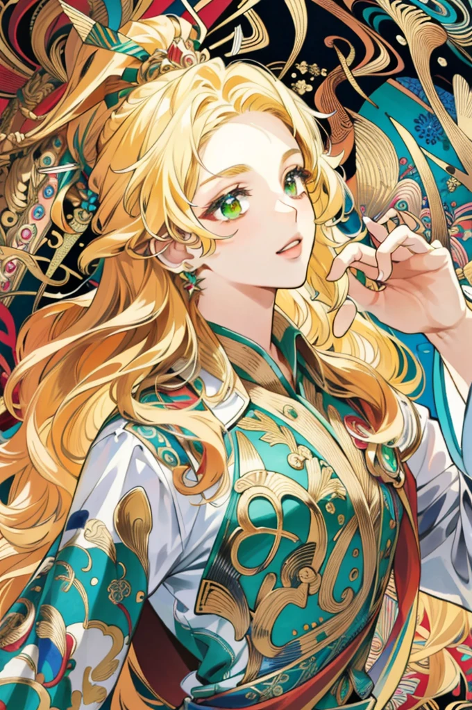((masterpiece:1.2, best quality)), ultra detailed, Ultra-precise depiction, Ultra-detailed depiction, (zentangle:1.2), (dynamic pose), (abstract background:1.5), wavy long hair, golden hair, emerald eyes, Goddess at a shirne,1girl, colorful, portrait.