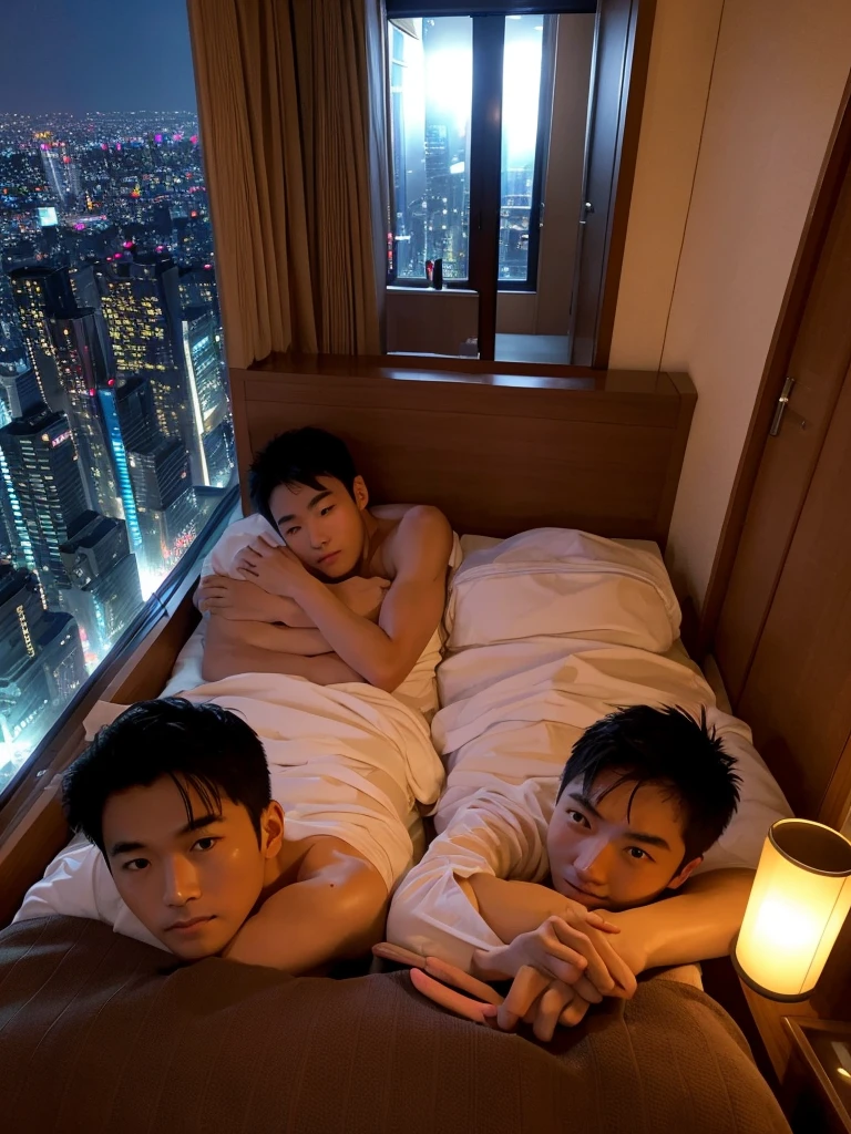 Tokyo、22 o'clock、Night view of buildings and bridges、Top floor of the hotel、Suite Room、indirect lighting、Two swimmers、Two men、Muscular、Six-pack、Age 27、Japanese、Bathrobes、Sweaty、King-size bed、Lying down、hug、Holding hands、Ultra HD、Real Photo、Selfie
