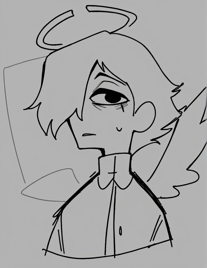zPDXL, score_9, score_8_up, score_7_up, source_anime, BREAK
sketch, flat color, 1guy, solo, black eyes, vivziepop, helluva boss, portrait, hair over one eye, priest, angel wings