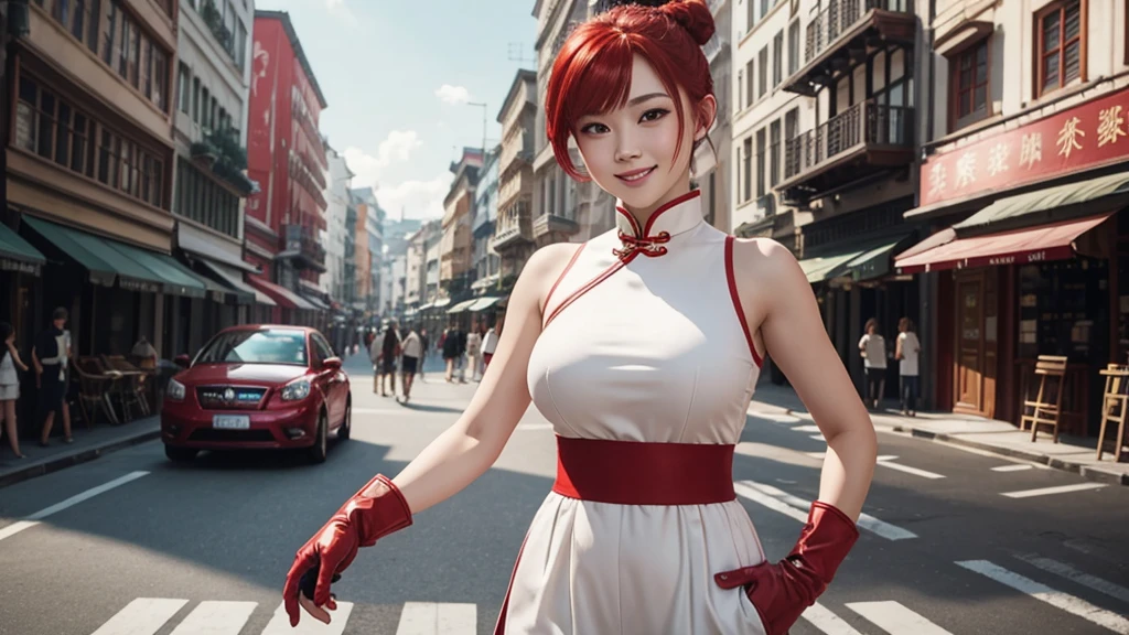(masterpiece), (Highest quality), (Very detailed), Intricate details, 1 girl, alone, Red eyes, Red Hair, short hair, Hair Bun, Medium breath, Red fingerless gloves, White Chinese Dress ,Shorts, short boots,(Outdoor), photo shoot, smile, blush, sunny, Browsing Caution, Kung Fu Pose, Blurred Background, Street background, information, Glamorous figure, Big breasts