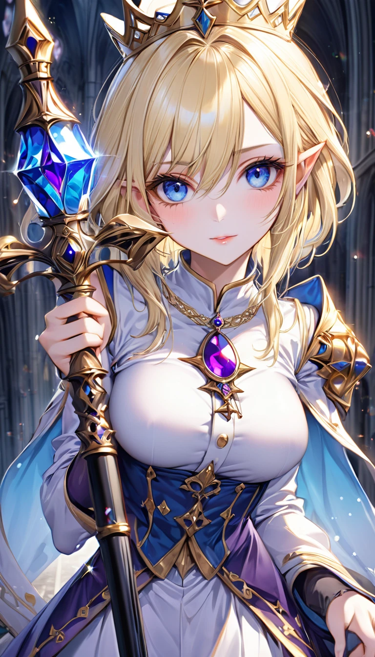 beautiful elven female bishop of the cathedral, cool beauty, piercing blue eyes, shoulder-length blonde hair, make-up, amorous and lewd face, great proportion, wearing splendid white, light blue and gold bishop's uniform and crown, large staff embedded with purple jewel, (ultra detailed, absolutely resolution, best quality:1.3), 2.5D, delicate and dynamic, foggy effects, glitter effects