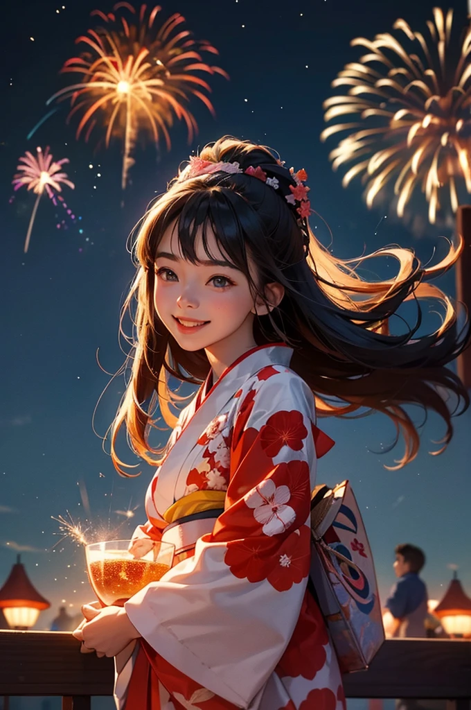 A smiling young girl in a kimono with a large amount of fireworks exploding in the night sky at a summer festival in the background