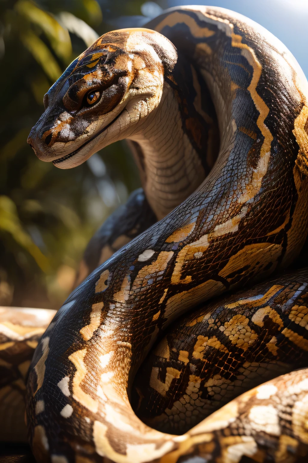 a detailed anthropomorphic snake, fit twink body, nude, tribal markings, white lip python, (best quality,4k,8k,highres,masterpiece:1.2),ultra-detailed,(realistic,photorealistic,photo-realistic:1.37),dramatic lighting,vivid colors,stunning,intricate patterns,flawless skin,muscular physique,piercing eyes,coiled pose,natural setting