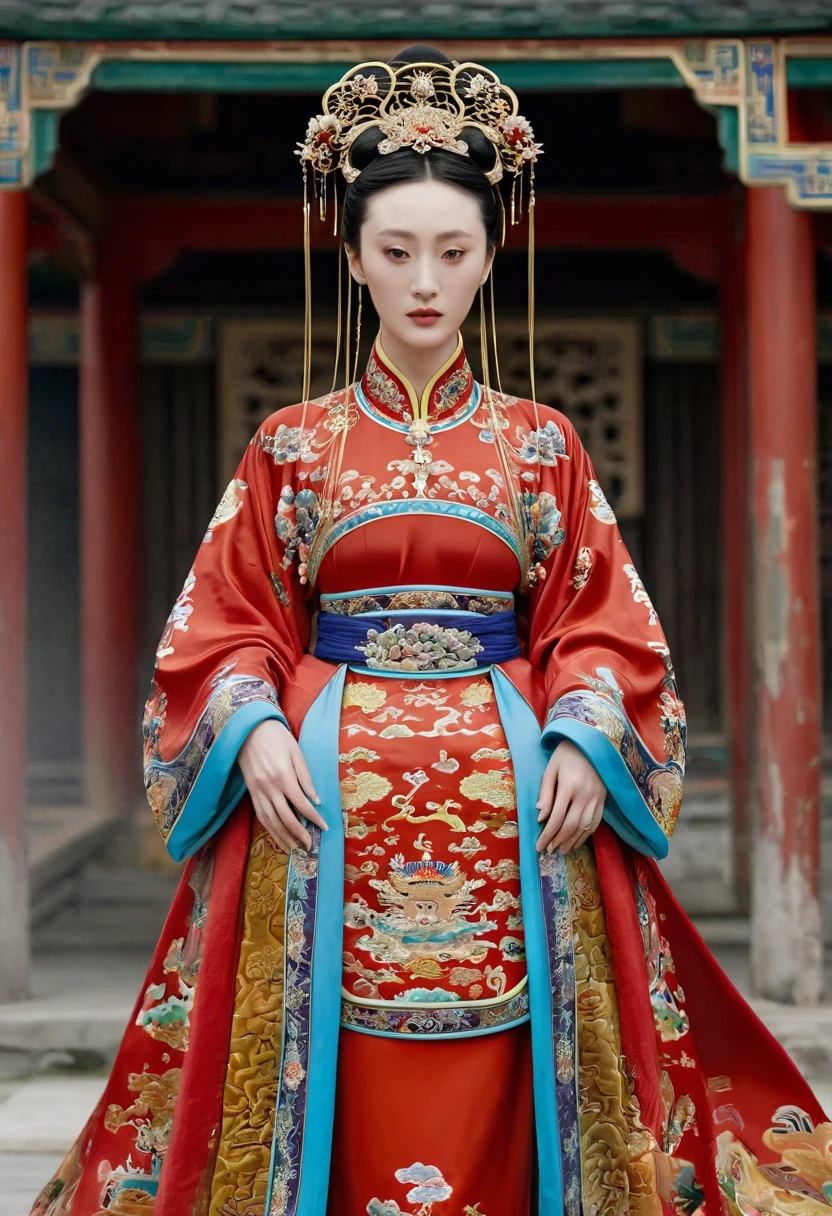 Chinese actress Ruyi Den Jow Shun (Zhou Xun) similar face Qing dynasty empress seen from front standing full body empress red costume open and out looking large breasts and hairy pussy　
Nude
Qing Dynasty Chinese palace outside stone tatami mats with large crown of Empress of China hairstyle