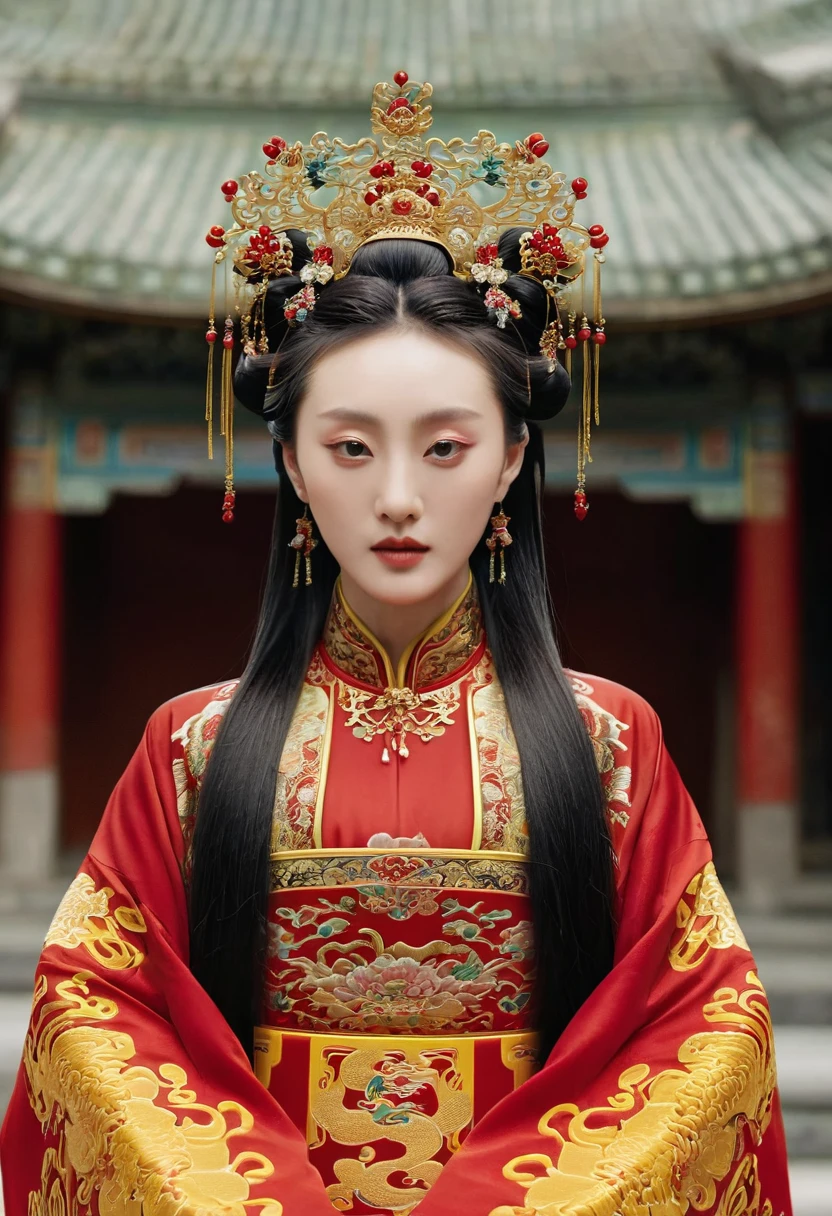 Chinese actress Ruyi Den Jow Shun (Zhou Xun) similar face Qing dynasty empress seen from front standing full body empress red costume open and out looking large breasts and hairy pussy　
Nude
Qing Dynasty Chinese palace outside stone tatami mats with large crown of Empress of China hairstyle