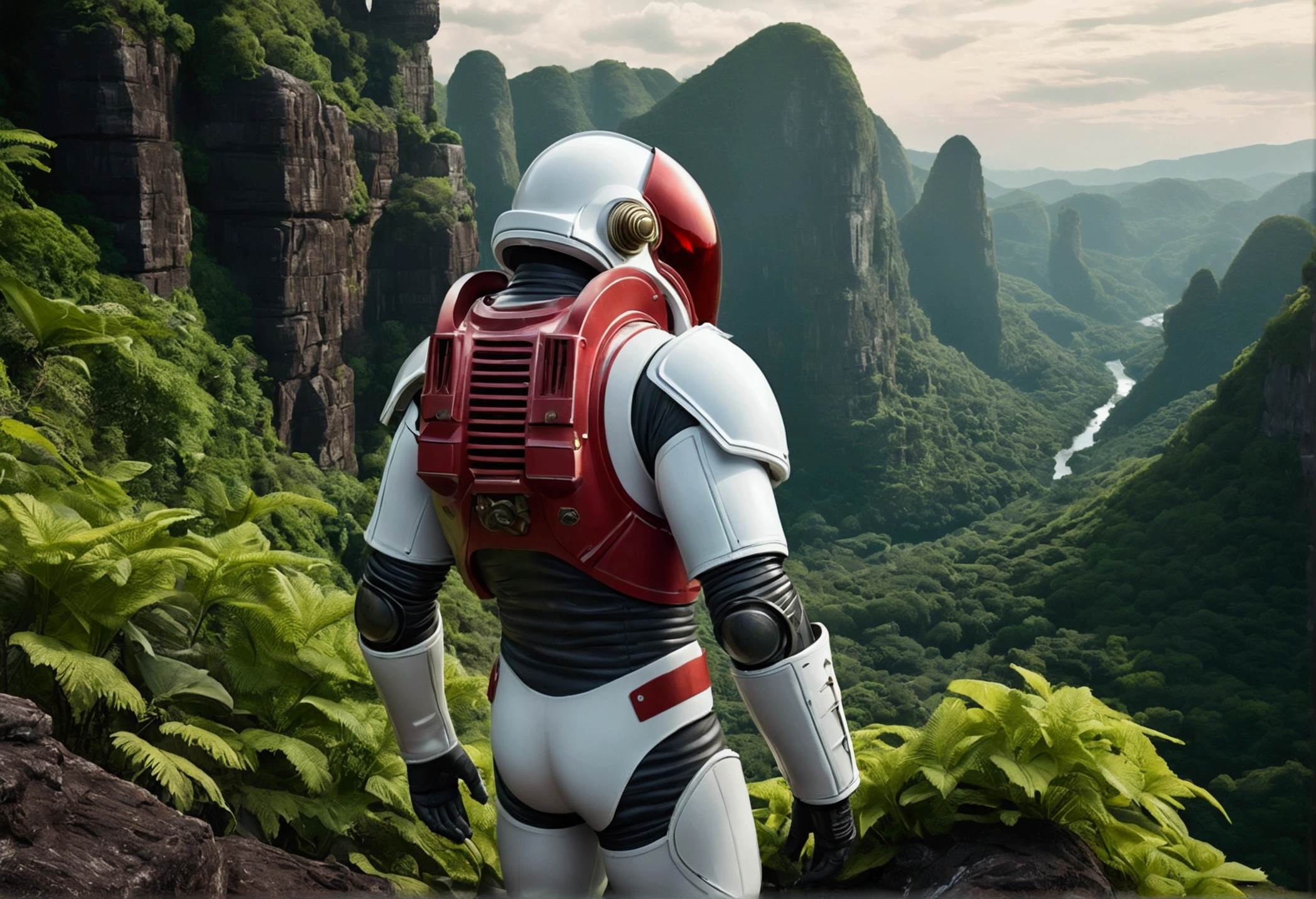 (35mmstyle:1.2), Highly detailed original color photos, Rear Angle, whole body, af (Male space marine, Wearing a white and red spacesuit, Futuristic helmet, Tin plated mask, Rebreathers, accentuated booty), Outdoor, (Stand on the cliffs of the tall Rocky Mountains, Gaze out over the magical lush green rainforest on an alien planet), Vivid details, (Alien Planet), Toned body, Big Ass, (sci-fi movie), (Mountains:1.1), (lush green vegetation), (two moons in sky:0.8), (Highly detailed, Ultra Detailed, Complex), (lens flare:0.7), (bloom:0.7), Particle Effects, Ray Tracing, Sensational lighting, Shallow depth of field, photographed on a Sony a9 II, 35mm wide angle lens, Sharp focus, 《Gravity 2013》Stills, View from behind, Dynamic Angle