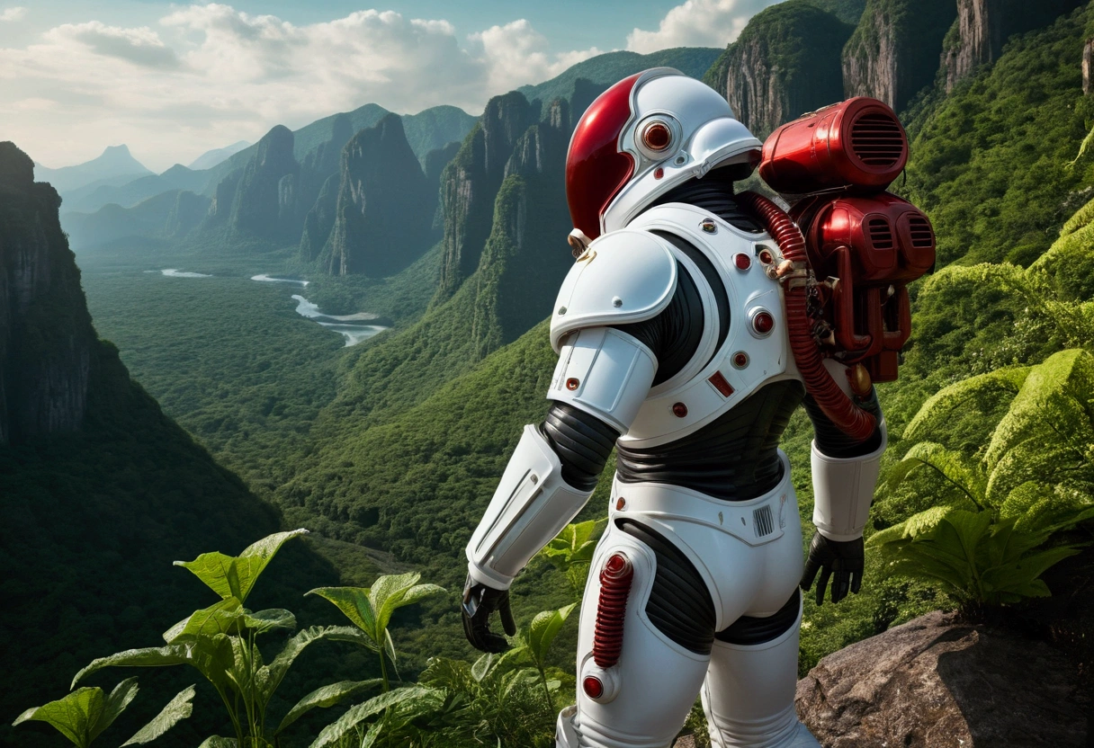 (35mmstyle:1.2), Highly detailed original color photos, Rear Angle, whole body, af (Male space marine, Wearing a white and red spacesuit, Futuristic helmet, Tin plated mask, Rebreathers, accentuated booty), Outdoor, (Stand on the cliffs of the tall Rocky Mountains, Gaze out over the magical lush green rainforest on an alien planet), Vivid details, (Alien Planet), Toned body, Big Ass, (sci-fi movie), (Mountains:1.1), (lush green vegetation), (two moons in sky:0.8), (Highly detailed, Ultra Detailed, Complex), (lens flare:0.7), (bloom:0.7), Particle Effects, Ray Tracing, Sensational lighting, Shallow depth of field, photographed on a Sony a9 II, 35mm wide angle lens, Sharp focus, 《Gravity 2013》Stills, View from behind, Dynamic Angle