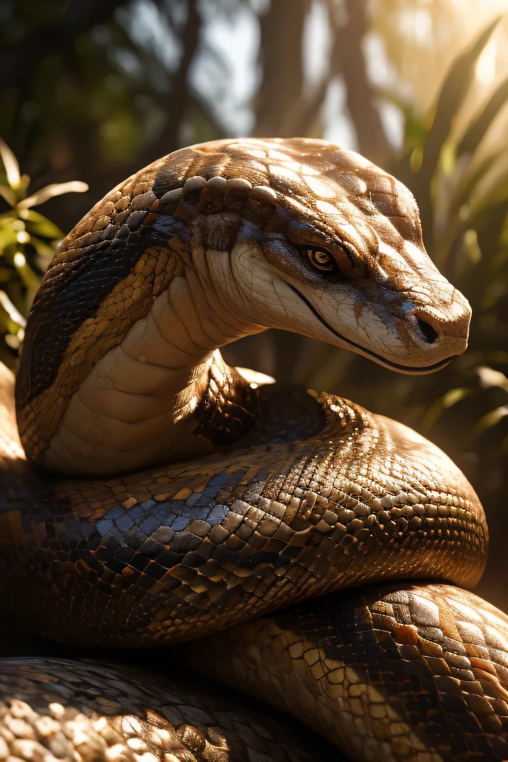 a detailed anthropomorphic snake, fit twink body, nude, tribal markings, white lip python, (best quality,4k,8k,highres,masterpiece:1.2),ultra-detailed,(realistic,photorealistic,photo-realistic:1.37),dramatic lighting,vivid colors,stunning,intricate patterns,flawless skin,muscular physique,piercing eyes,coiled pose,natural setting