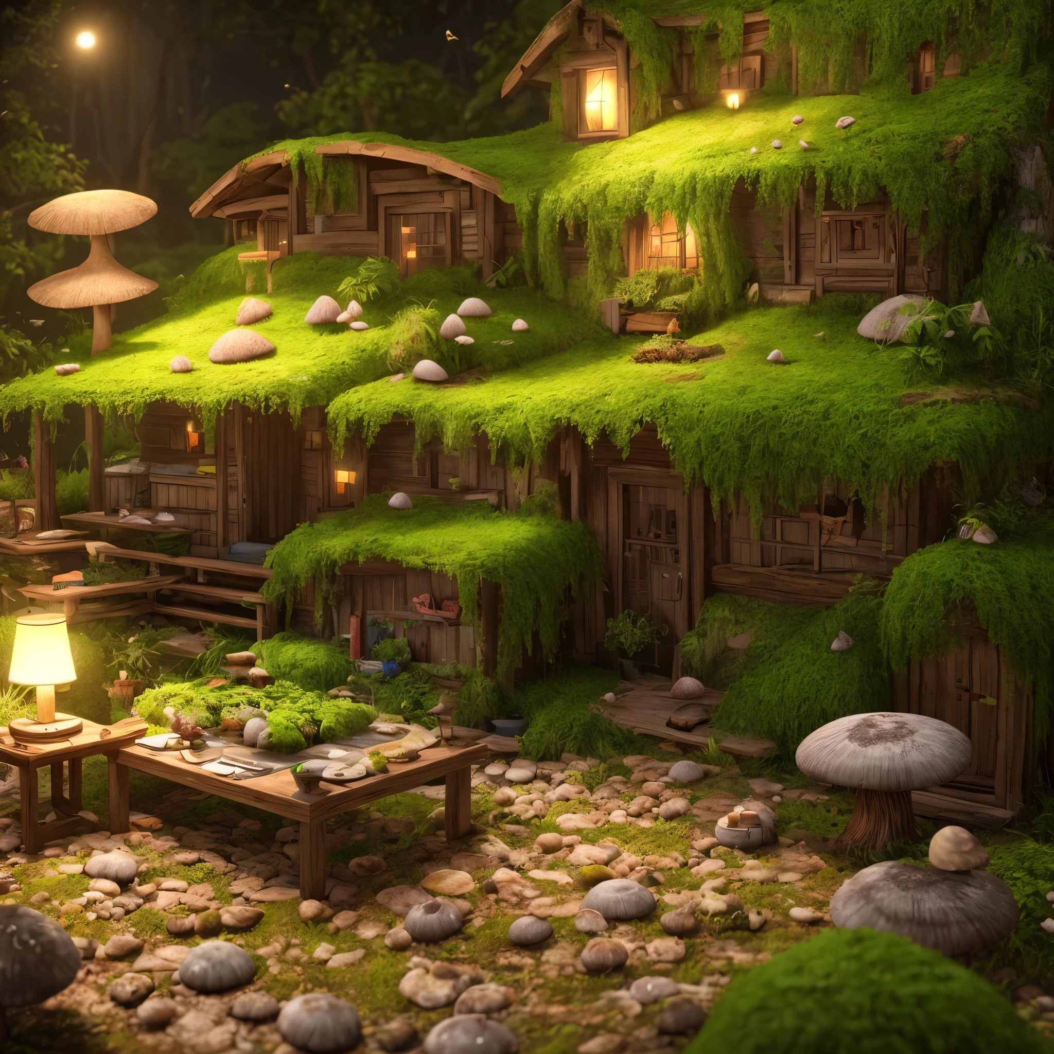masterpiece, best quality, (extremely detailed CG unity 8k wallpaper), (best quality), (best illustration), (best shadow), A mushroom house covered with moss，firefly，wtarlight surrounds the room，petal, isometric 3D, octane render,ray tracing,ultra detailed,