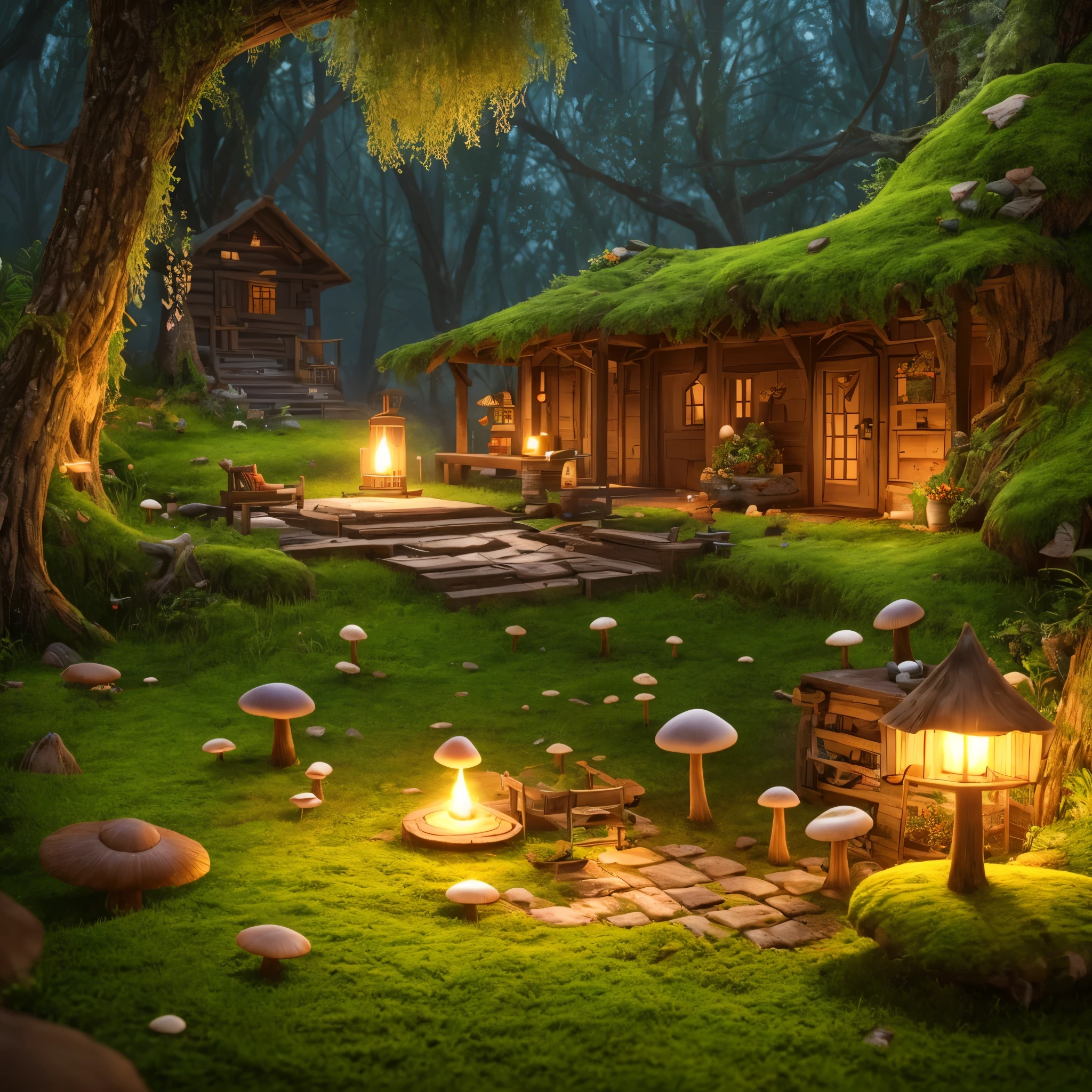 masterpiece, best quality, (extremely detailed CG unity 8k wallpaper), (best quality), (best illustration), (best shadow), A mushroom house covered with moss，firefly，wtarlight surrounds the room，petal, isometric 3D, octane render,ray tracing,ultra detailed,