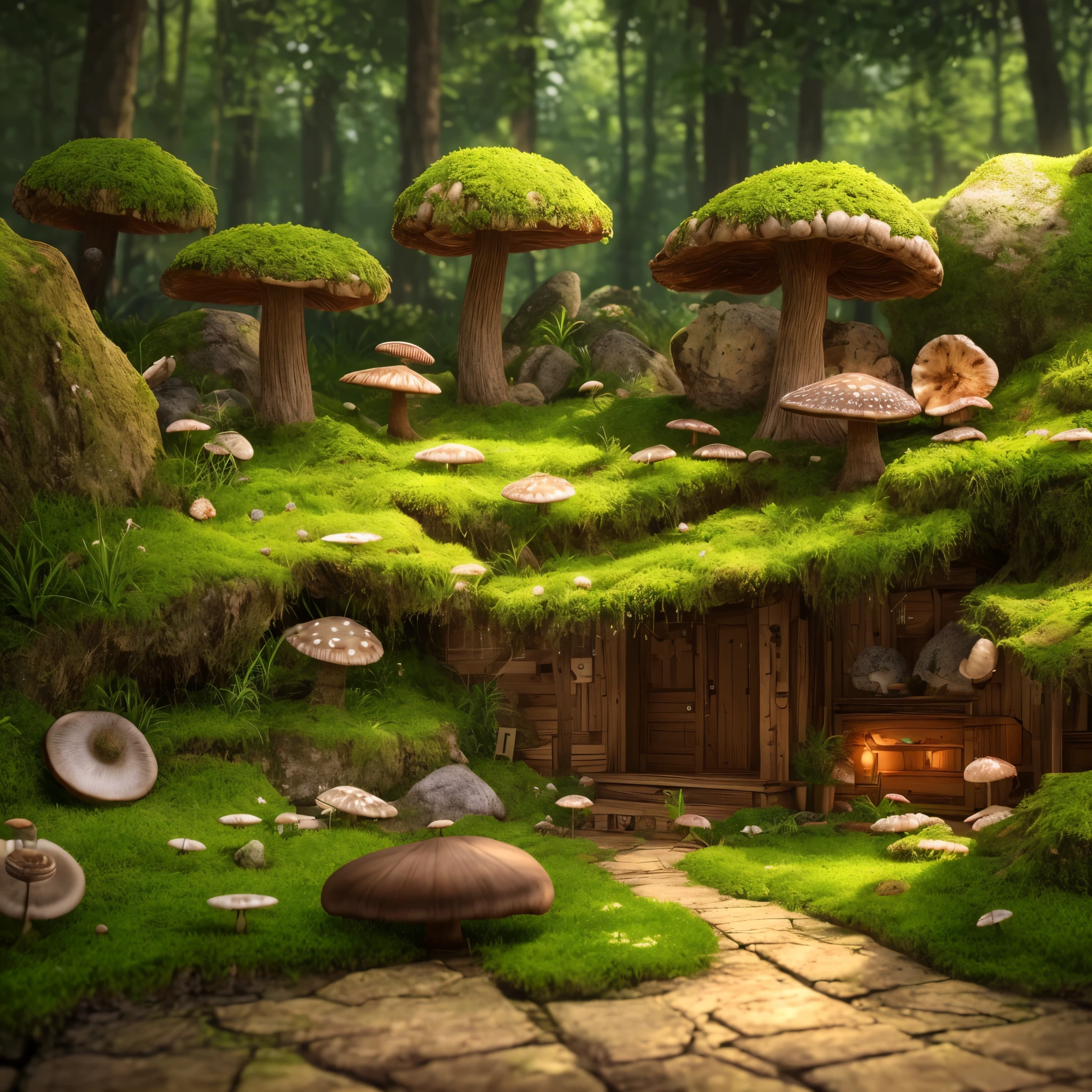 masterpiece, best quality, (extremely detailed CG unity 8k wallpaper), (best quality), (best illustration), (best shadow), A mushroom house covered with moss，firefly，wtarlight surrounds the room，petal, isometric 3D, octane render,ray tracing,ultra detailed,