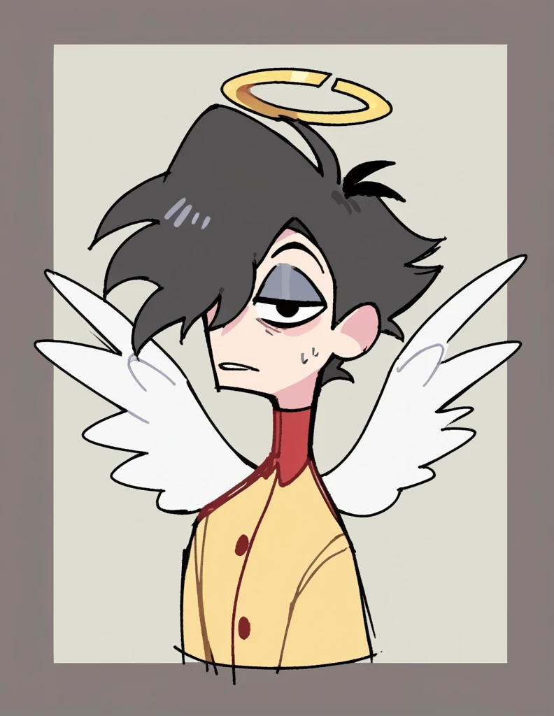 zPDXL, score_9, score_8_up, score_7_up, source_anime, BREAK
sketch, flat color, 1guy, solo, black eyes, vivziepop, helluva boss, portrait, hair over one eye, priest, angel wings