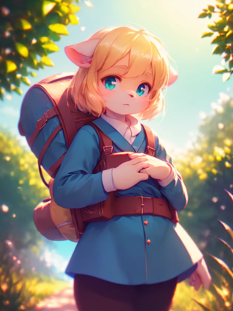 (Sumilux f1.4 50mm , low Latitude old color negative film , cross process , bokeh, flare, chromatic aberration , soft focus, (Shallow focus) , soft glow , Maximum aperture, high Key , Transparent depiction)  , Dwarf girl carrying a huge backpack