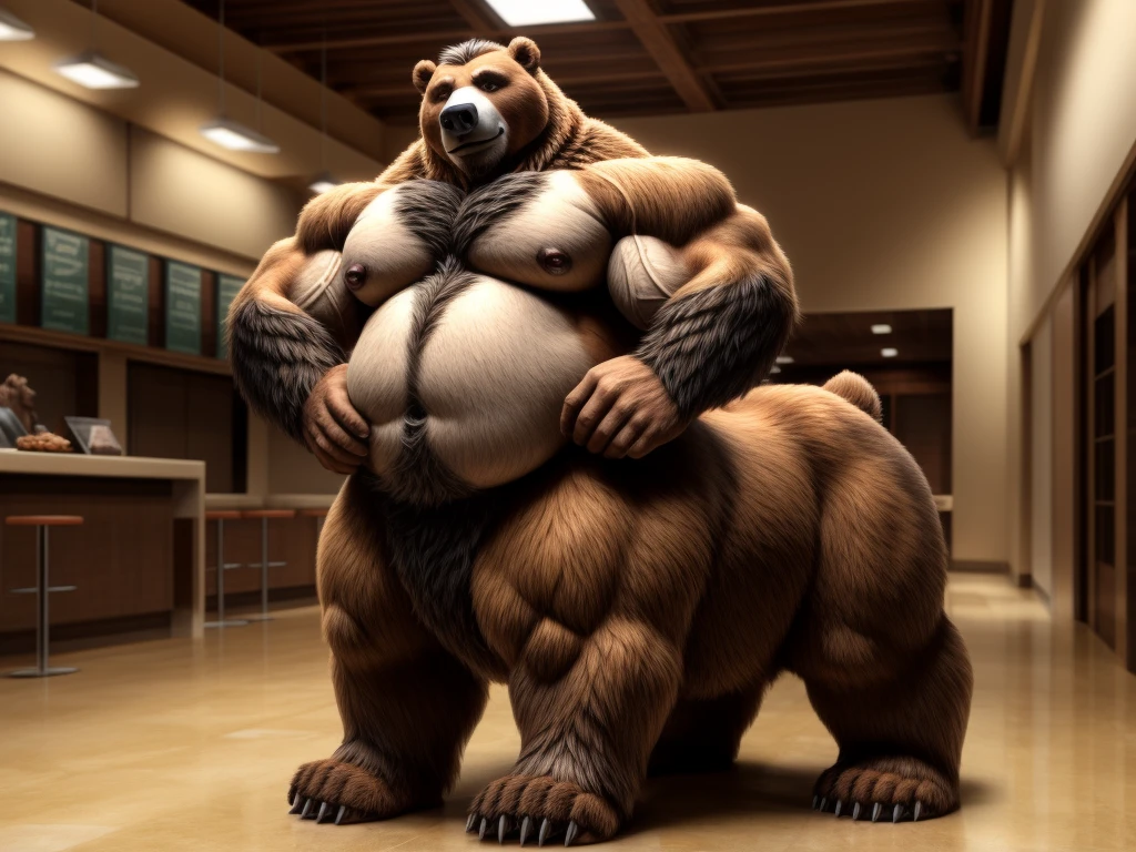 furry, fur taur, beartaur, middle-age, solo,1man, detailed face, bear ears, bear eyes(brown), bear nose(black), bear mouth, beard(grey), mature hair(grey), detailed arms, thick arms, muscular, thick hands(5 fingers), detailed body belly, thick body, muscle belly(white), thick chest, chest hair(white), nipples, detailed taur body, thick taur body, thick bear paws, thick bear tail, full body shot, standing on the food court