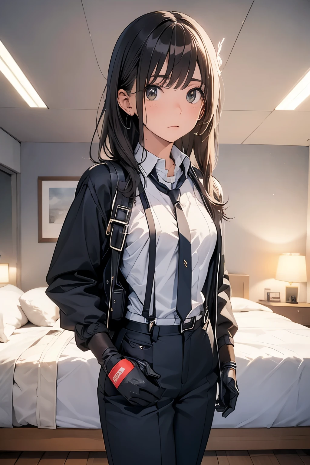 1 female, , high quality, masterpiece, Ultra-high resolution, , Cinema Lighting, , , And the suspenders with the cranes flying Moderate breasts Small face holster Lying in bed Looking up Sweat belt summer 脇Sweat Black Hole Gloves suit shirt Black jacket Black trousers Leg Links ズボンにbelt holster Hands behind your back Anxious expression Looking up Anxious face, legs apart Armament Handgun handcuffs Cable ties レッグholster holster