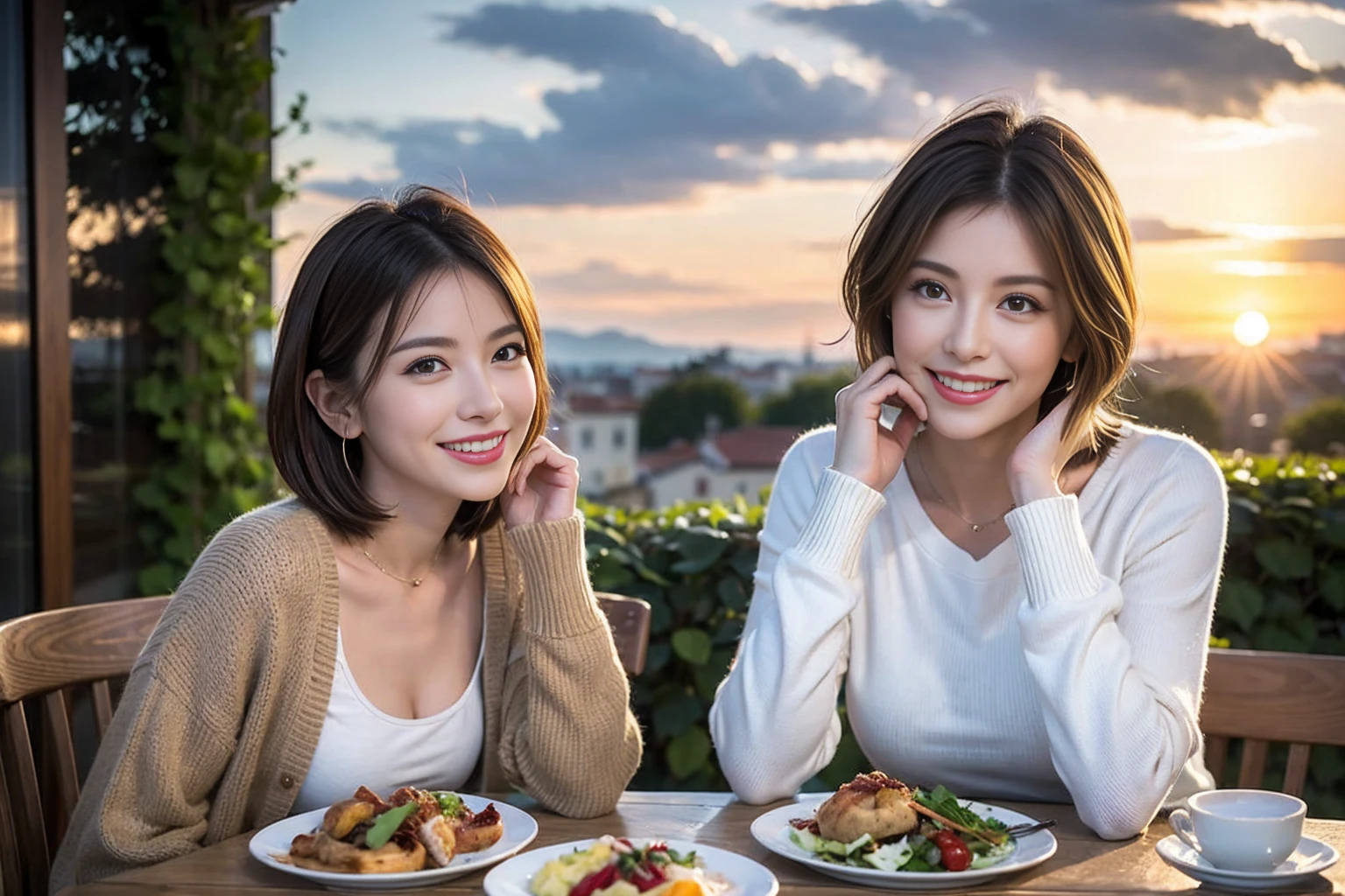 (Realistic:1.1),(masterpiece,Highest quality),8k,(49 years old), 47 years old, slimカップル、Model Couple、actress/actor、Tight waist,Upper Body,full-course dinner、wine 、Amazing view of the sunset sky and clouds、Perfect Anatomy, Brown Hair, short hair,Random Hairstyles,((Highly detailed face and eyes:1.2)),美しいactressの顔,Perfect golden ratio face,Long sleeve shirt、dress,(smile:1.2)、Shortcuts、cute、(Realistic, Intricate details:1.2), A bright smile、short hair,Bright Face、赤wine 、Appetizers、Italian food、wine bottle、Champagne、スパークリングwine、(slimな顔), (The body is slim), (Brown Hair), (Shortcuts), Upper Body, 白wine, slim, wineグラス,