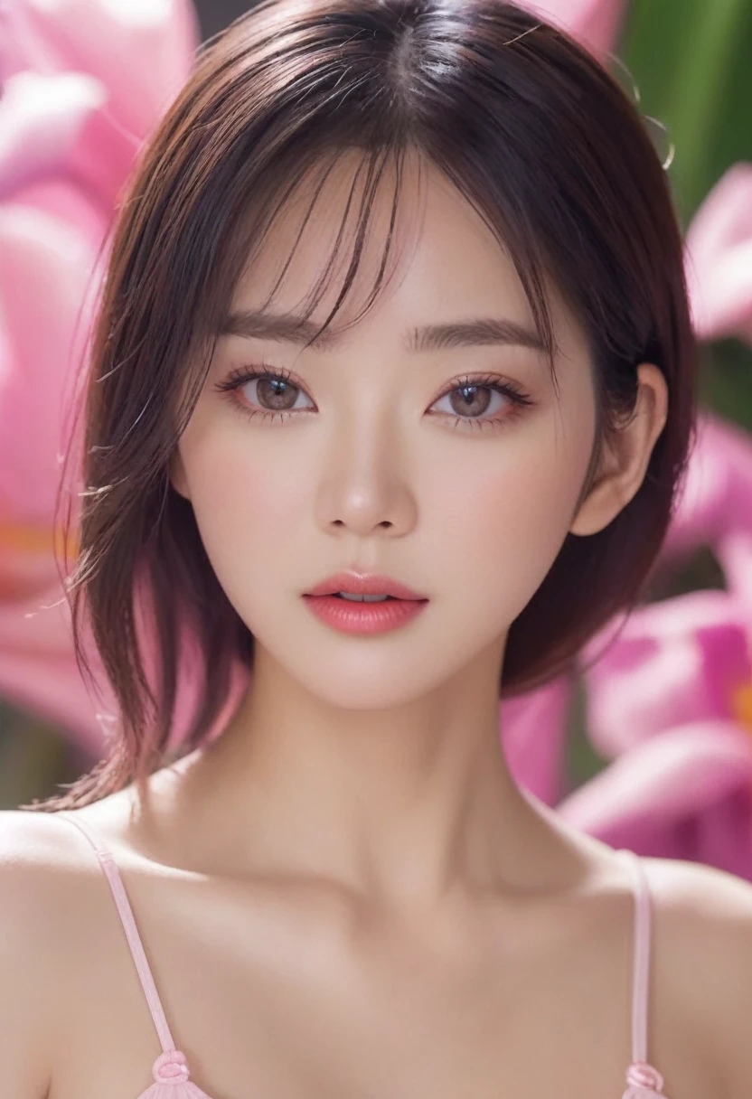 Octane rendering, 8K rendering, Ray Tracing, Volumetric light, 1 girl, beautiful japanese woman, Ultra-high resolution drawings of various flowers., sexy body, cowboy shoot, movie light, dark,, eccentric, complex pattern, Fractions of Chaos, pink, orange, realistic yellow, High quality, Cute face, Beautiful face, detailed faceและสมบูรณ์แบบ, eyes that are large and even, sexy lips, Perfect round iris, real skin, uneven skin, complex and detailed sexy body, Fascinating, sexy, Erotic, Beautiful face, detailed face, perfect proportions, big breasts, Thin waist, navel, Target gap, thigh, dynamic gesture, 4K resolution, 32K hyper detail, very High quality model,