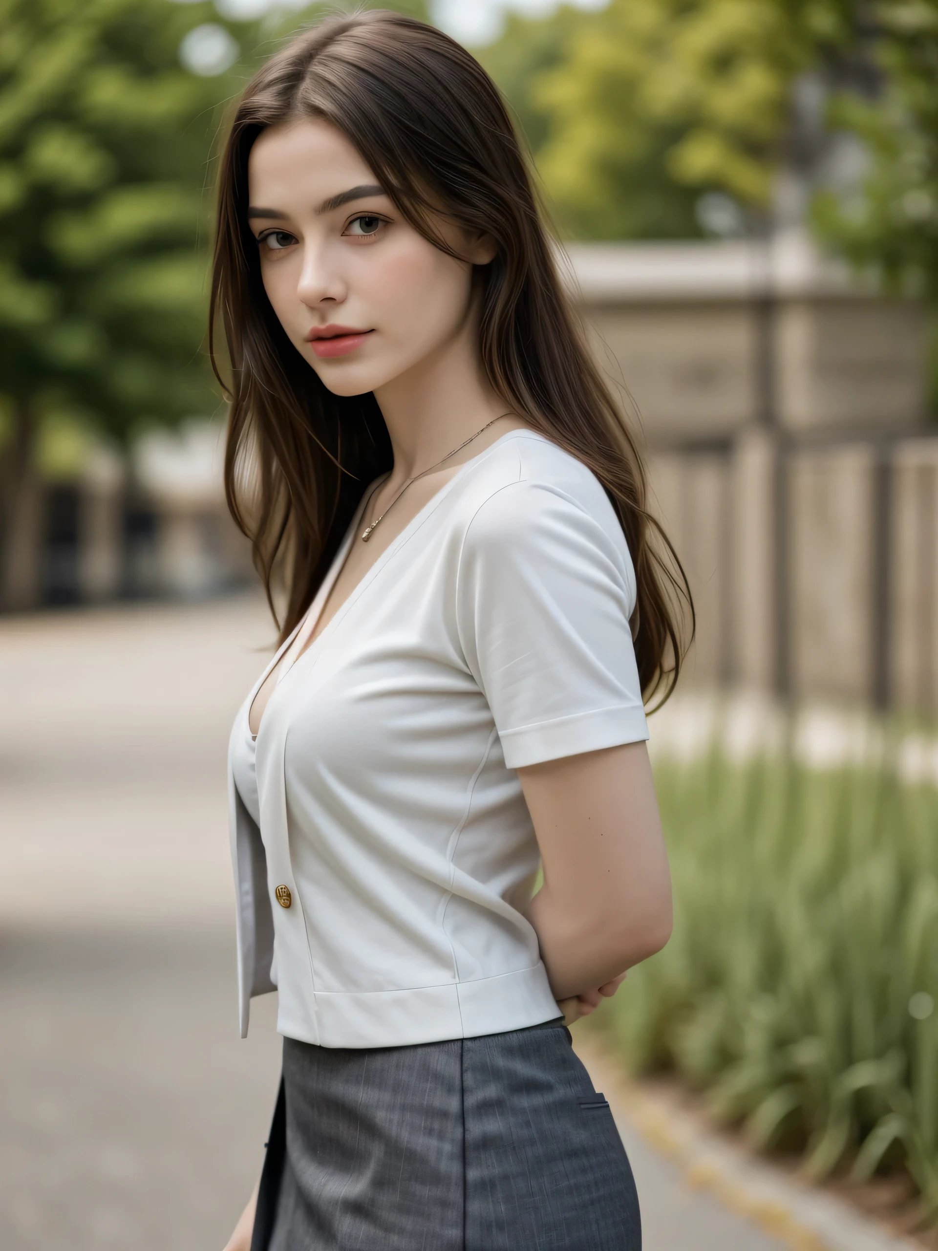 ((Masterpiece, best quality, realistic, photorealistic)), extreme detailed photo, delicate details, sharp focus, 1 European pretty girl, short ponytail hair, attractively beautiful contour face, charming, (tall, thin, slender body, slim figure), big breasts size, cleavage, natural hands, ((wearing v-neck tee, open blazer jacket, skirt, pendant)), outdoor, sidewalk, direct sunlight.