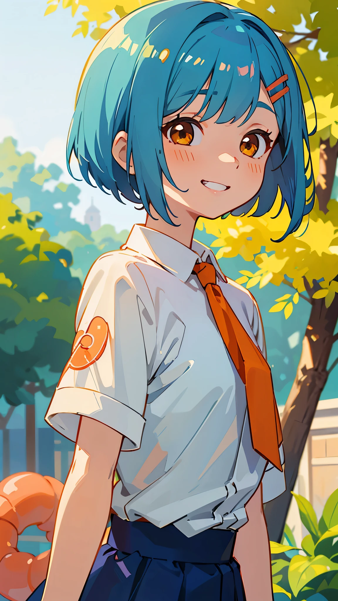1girl、shrimp、Shiny light blue hair、Short Bob Hairstyles、Tie your hair with an orange hair clip、Beautiful brown eyes、Blouse shirt with ethnic patterns and primary colors、Grin、profile、Upper body close-up、Morning Park、Background Blur, Written boundary depth