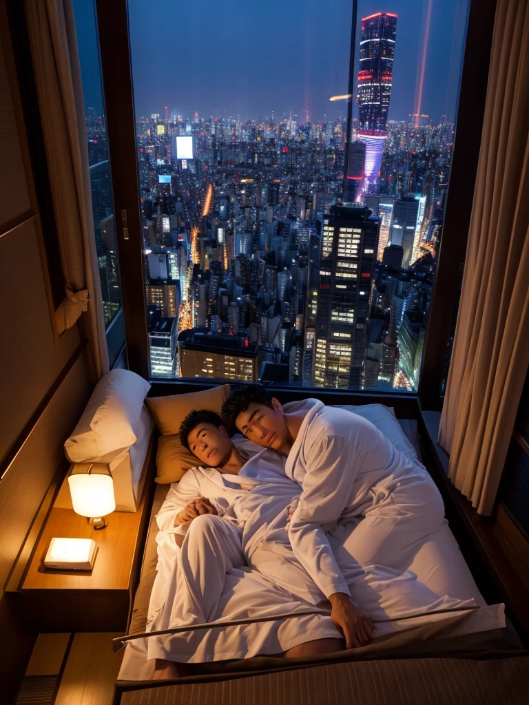 Tokyo、22 o'clock、Night view of buildings and bridges、Top floor of the hotel、Suite Room、indirect lighting、Two men、Muscular、Six-pack、Age 27、Japanese、Bathrobes、Sweaty、King-size bed、Lying down、hug、Holding hands、Ultra HD、Real Photo、