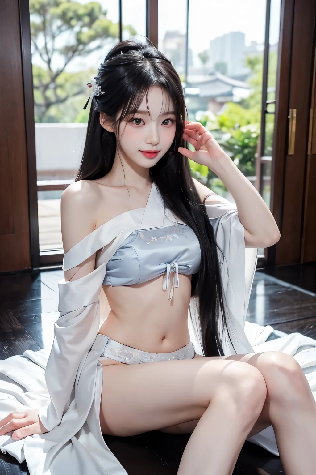 ((beautiful korean girl)), ((super bright pale skin)), ((glamour sensual body)), ((high-level image quality)), (Like a shot with an SLR) , ((Beautiful legs)), ((little smile)), ((semi-nude looks glamourous white silver colorful hanbok)), ((super pretty face)), ((Hair covers the ears and makes them invisible)), ((navel exposed)), ((slender but big breast)), ((off the shoulder)), ((underboob)), ((long black hairs)), ((sexy posture)), antient asian palace indoor background
