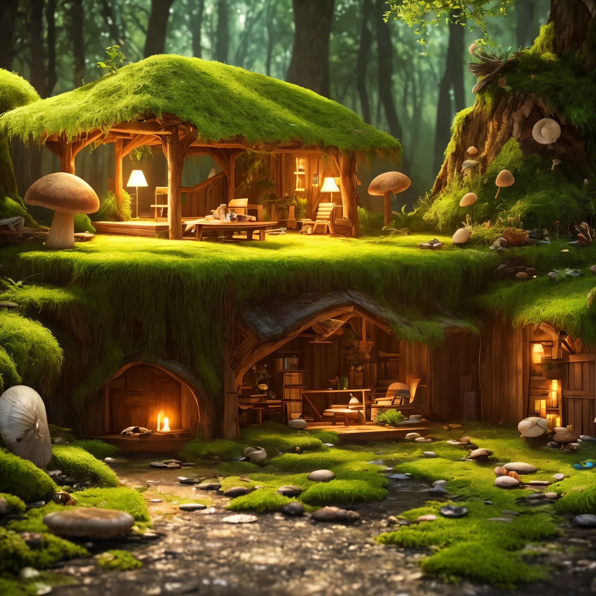 masterpiece, best quality, (extremely detailed CG unity 8k wallpaper), (best quality), (best illustration), (best shadow), A mushroom house covered with moss，firefly，wtarlight surrounds the room，petal, isometric 3D, octane render,ray tracing,ultra detailed,