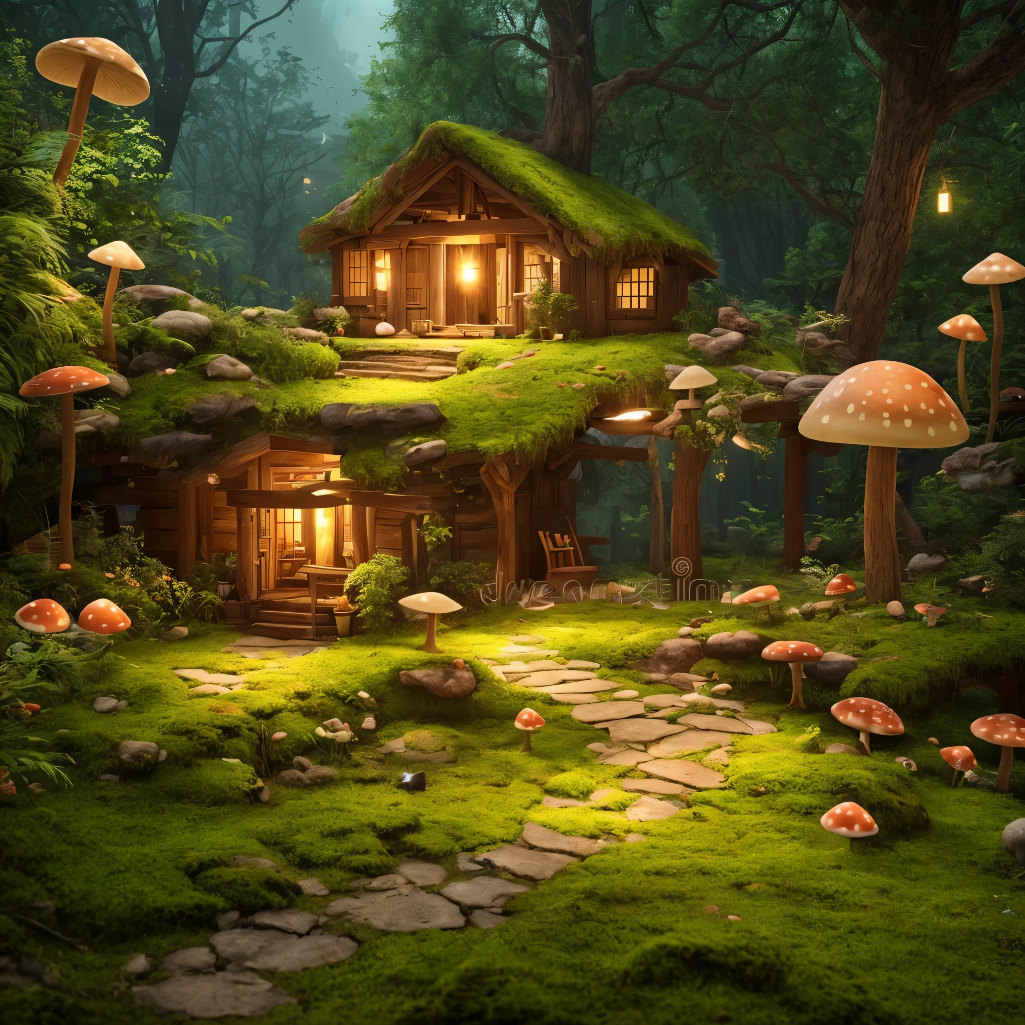 masterpiece, best quality, (extremely detailed CG unity 8k wallpaper), (best quality), (best illustration), (best shadow), A mushroom house covered with moss，firefly，wtarlight surrounds the room，petal, isometric 3D, octane render,ray tracing,ultra detailed,
