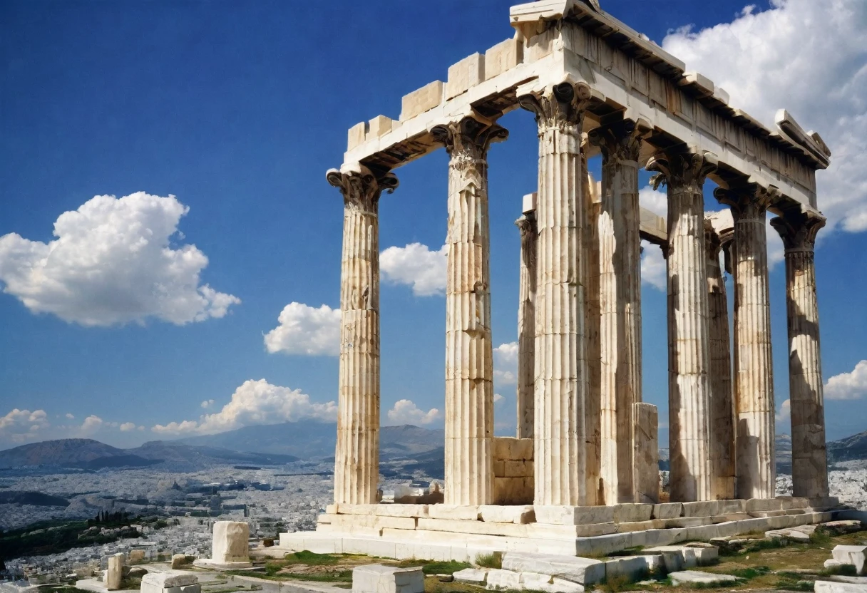 Ancient Greece, temple, パルテノンtemple, marble, Statue, Statue of Zeus, classic architecture, acropolis, Spectacular Background, blue sky, White cloud, Natural light, Sculptural details