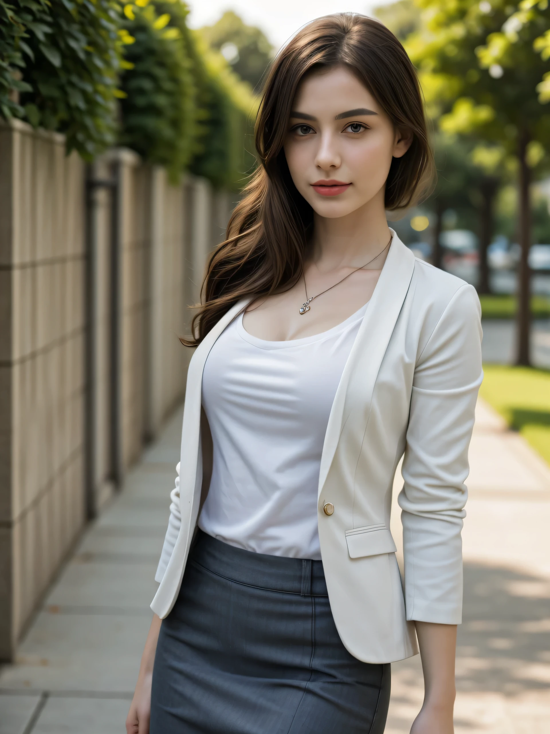 ((Masterpiece, best quality, realistic, photorealistic)), extreme detailed photo, delicate details, sharp focus, 1 European pretty girl, short ponytail hair, attractively beautiful contour face, charming, (tall, thin, slender body, slim figure), big breasts size, cleavage, natural hands, ((wearing v-neck tee, open blazer jacket, skirt, pendant)), outdoor, sidewalk, direct sunlight.