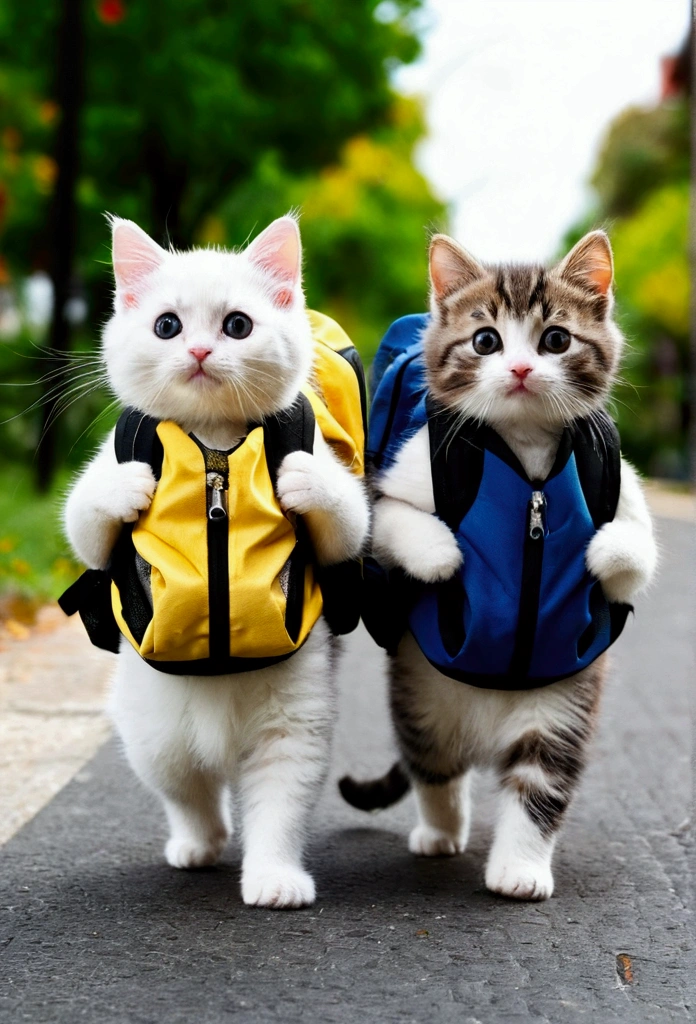 I have two little kittens, a cute little cat, cute kittens, Cutest, Incredibly cute, Adorable and cute, And cute and lovely. They are walking down the street with backpacks, Walking together, commute, Proudly walk down the street, And the cat is walking. They are cute in the style of 🍂 and 🍁, Adorable and cute, Cute and adorable, oh, nice and cute. They are known as real-life Tom and Jerry.