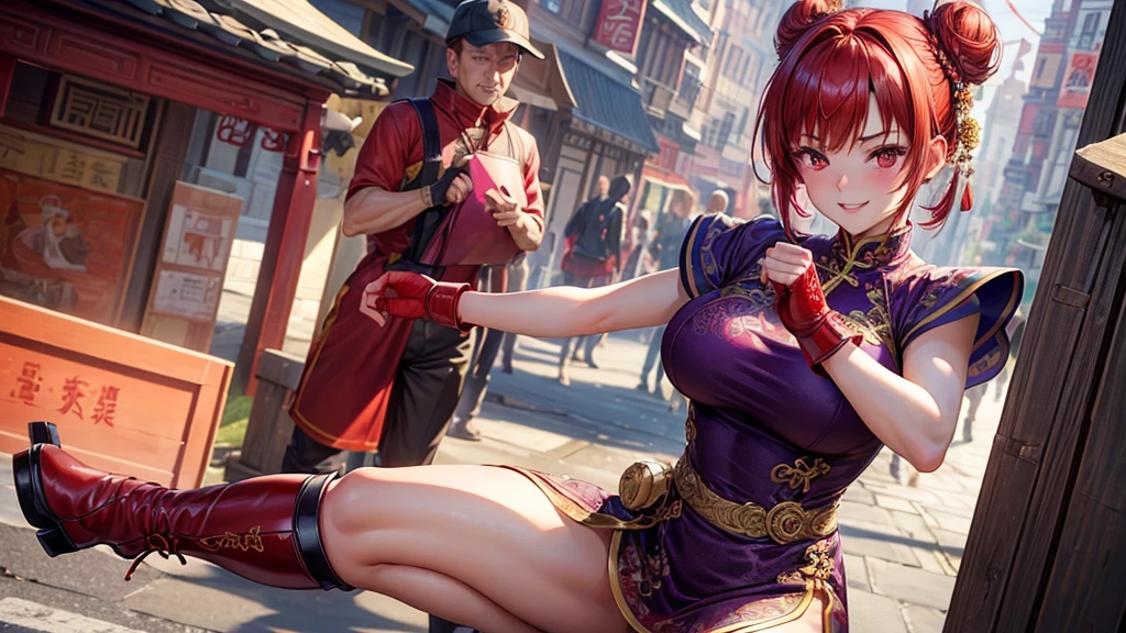 (masterpiece), (Highest quality), (Very detailed), Intricate details, 1 girl, alone, Red eyes, Red Hair, short hair, Hair Bun, Medium breath, Red fingerless gloves, Purple Chinese Dress ,kick, short boots,(Outdoor), photo shoot, smile, blush, sunny, Browsing Caution, Chinese boxing, Blurred Background, Street background, information, Glamorous figure, Big breasts