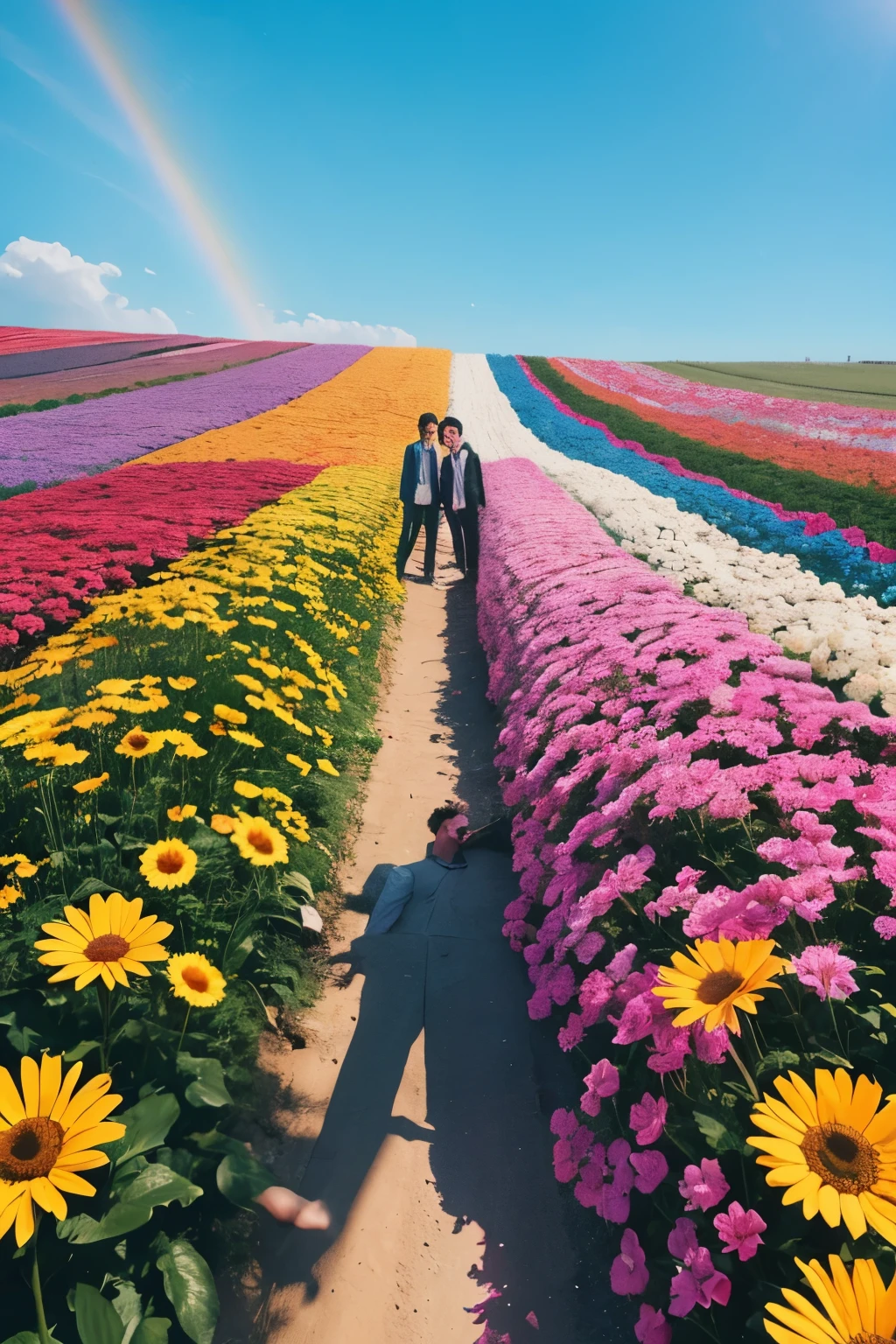Adding to the background、There are many more colorful flowers at my feet、The man is in the front left、Standing at an angle、Guts pose、Face turned sideways, looking up at the sun、The sun is brighter、