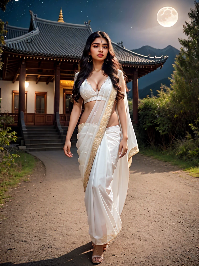Beautiful indian woman posing, straight photoshoot pose, full body portrait, ((moonlit night, night time)), winter, walking on forest path, detailed face, cute, big eyes, iconic, photorealistic, mountain temple, detailed background, big breasts, sexy thin saree, long wavy hair, cleavage, symmetric face, masterpiece, 8k, ultra realistic, ultra focus, face ilumined, face detailed, 8k resolution, painted, dry brush, brush stroke,(retro filters:1.4),(fanciful:1.4), side masterpiece, best qualityer,realskin, long whitr hair,((full body)), ((center in frame))