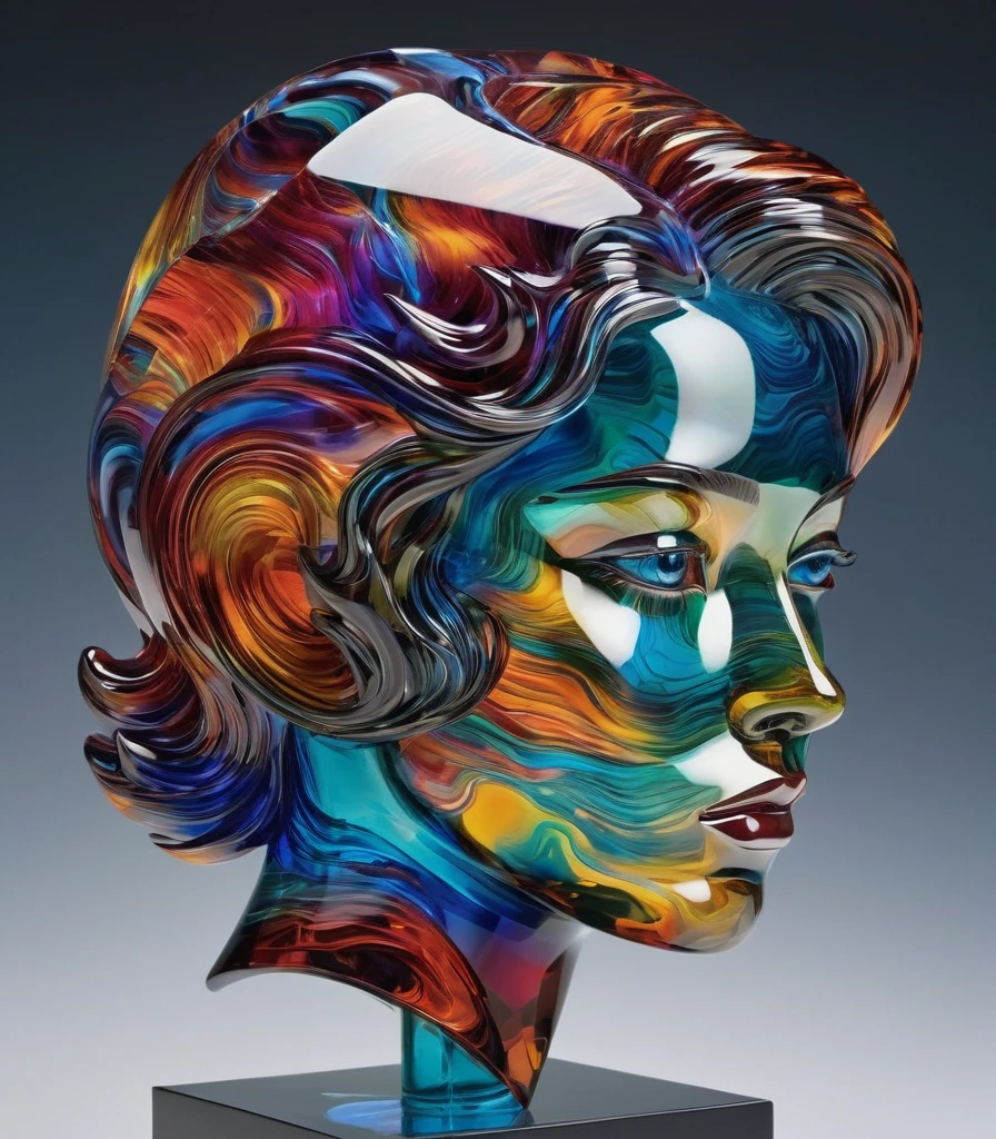 A Detailed and Vibrant Portrait of Glass Sculpture, alisabcnv in a fantastic landscape with vibrant colors and intricate details, rendered in an art style that mixes realism with elements of surrealism, made by artists such as Ruan Jia and Yoshitaka Amano.