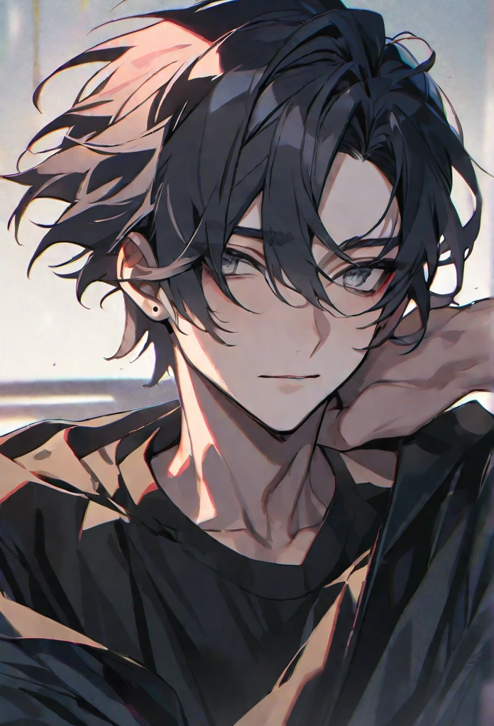 alone, good looking, 1 male, short hair, Pink and black hair, Grey Eyes