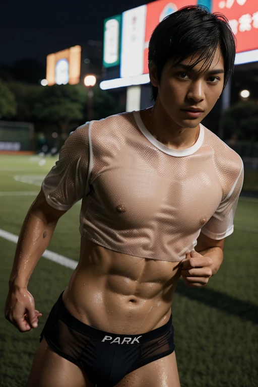 Japanese sportsperson guy, 25 years old, socker shirt, see-through outfit, Men's Underwear, wet body, park sharp eyes, night socker field background