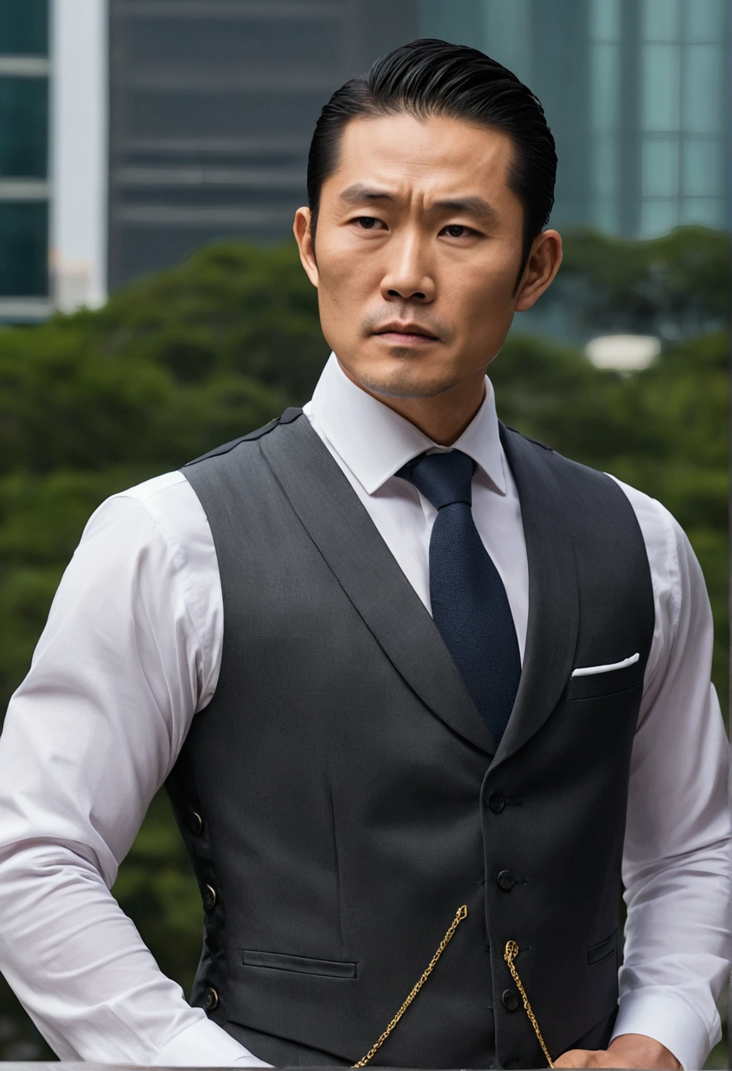 A photo of 35 year old asian man engaged in a high-stakes negotiation with business rivals,muscle,original,gentleman with vest, the fictional patriarch in “Succession,” possesses a commanding presence, characterized by his tall stature, sharp suits that speak to his power and wealth, and an often stern, unyielding facial expression. His aging appearance, marked by a full head of white hair and a penetrating gaze, adds to his intimidating demeanor., male