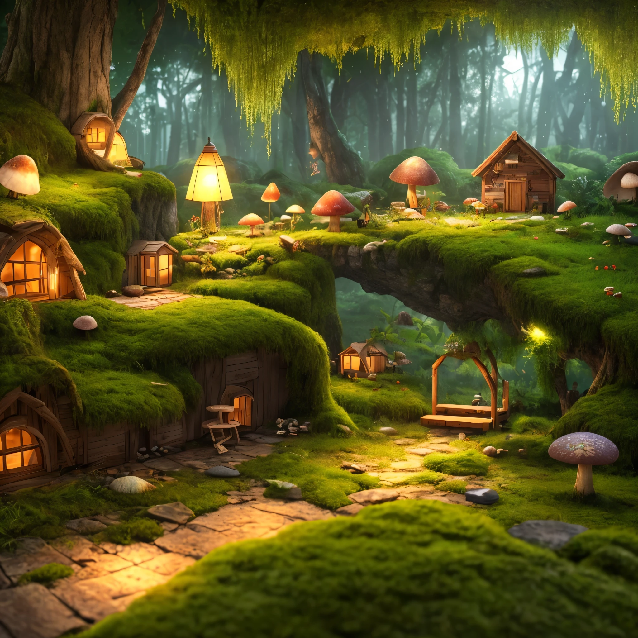 masterpiece, best quality, (extremely detailed CG unity 8k wallpaper), (best quality), (best illustration), (best shadow), A mushroom house covered with moss，firefly，wtarlight surrounds the room，petal, isometric 3D, octane render,ray tracing,ultra detailed,