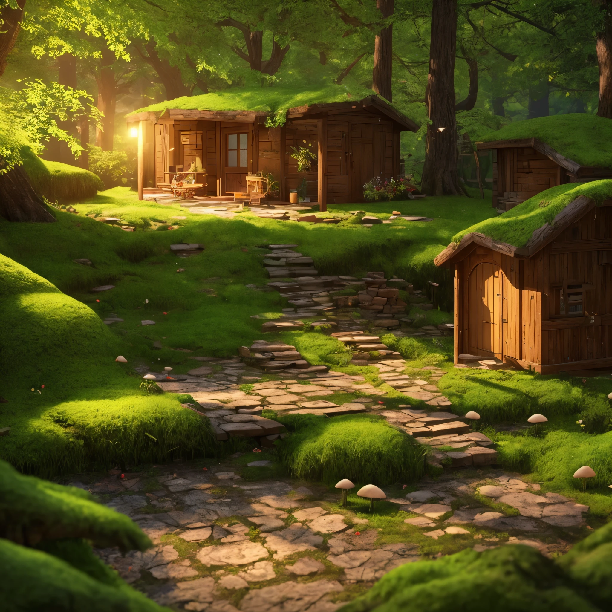 masterpiece, best quality, (extremely detailed CG unity 8k wallpaper), (best quality), (best illustration), (best shadow), A mushroom house covered with moss，firefly，wtarlight surrounds the room，petal, isometric 3D, octane render,ray tracing,ultra detailed,