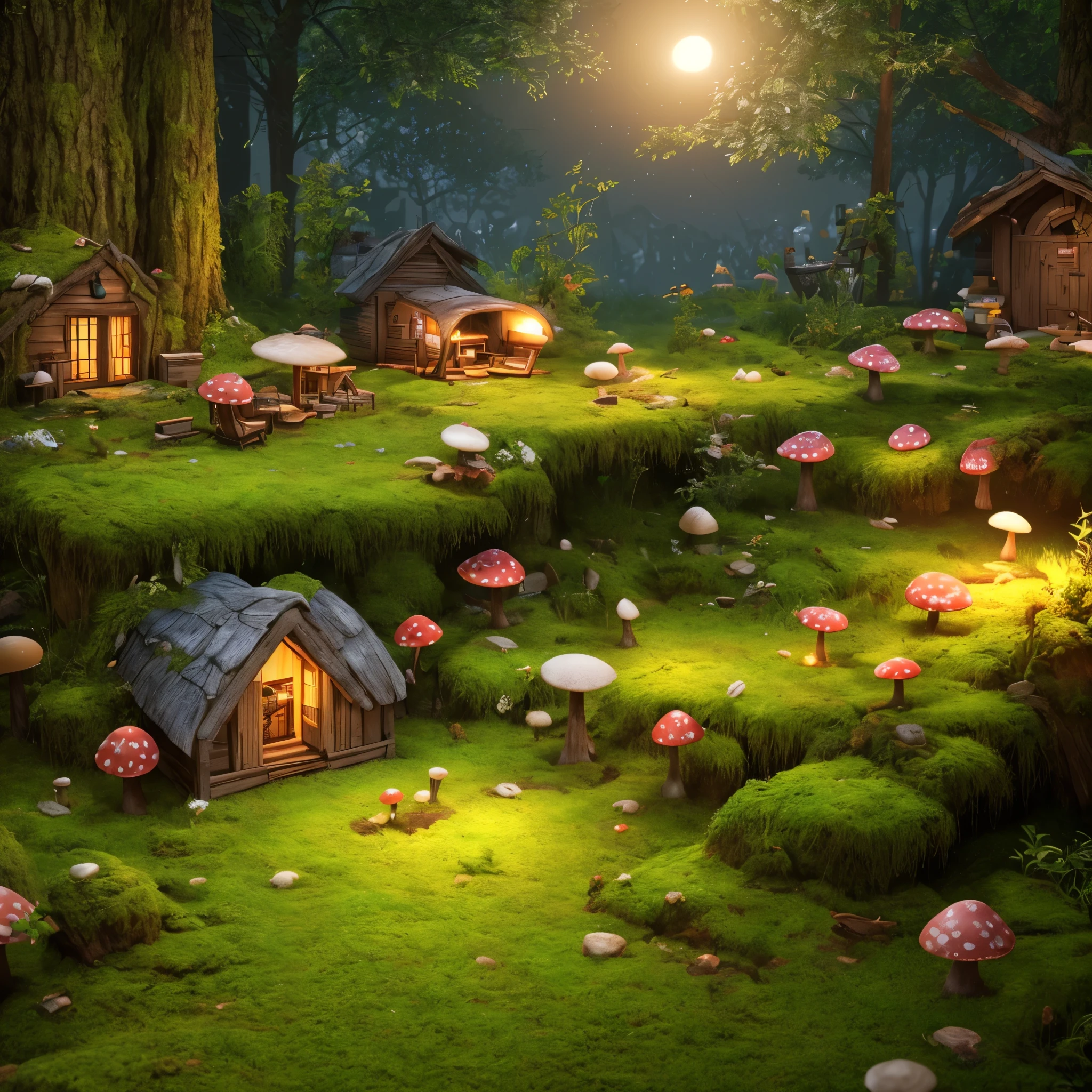 masterpiece, best quality, (extremely detailed CG unity 8k wallpaper), (best quality), (best illustration), (best shadow), A mushroom house covered with moss，firefly，wtarlight surrounds the room，petal, isometric 3D, octane render,ray tracing,ultra detailed,