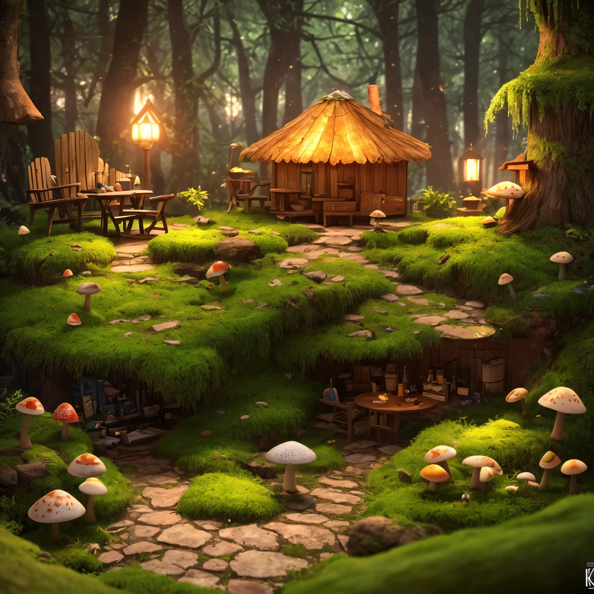 masterpiece, best quality, (extremely detailed CG unity 8k wallpaper), (best quality), (best illustration), (best shadow), A mushroom house covered with moss，firefly，wtarlight surrounds the room，petal, isometric 3D, octane render,ray tracing,ultra detailed,