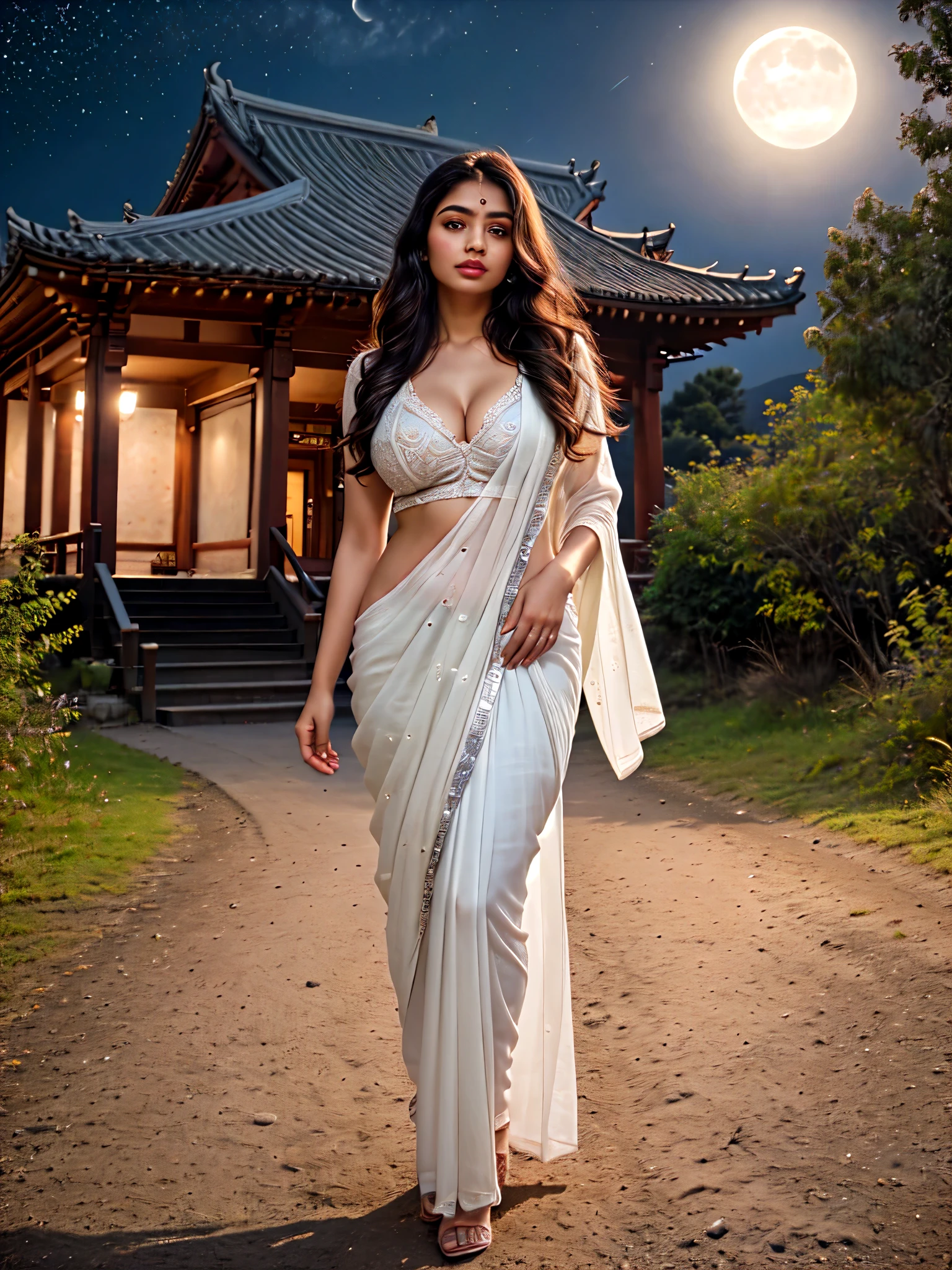Beautiful indian woman posing, straight photoshoot pose, full body portrait, ((moonlit night, night time)), winter, walking on forest path, detailed face, cute, big eyes, iconic, photorealistic, mountain temple, detailed background, big breasts, sexy thin saree, long wavy hair, cleavage, symmetric face, masterpiece, 8k, ultra realistic, ultra focus, face ilumined, face detailed, 8k resolution, painted, dry brush, brush stroke,（retro filters：1.4），(fanciful：1.4), side masterpiece， best qualityer，realskin， long whitr hair，((full body)), ((center in frame))