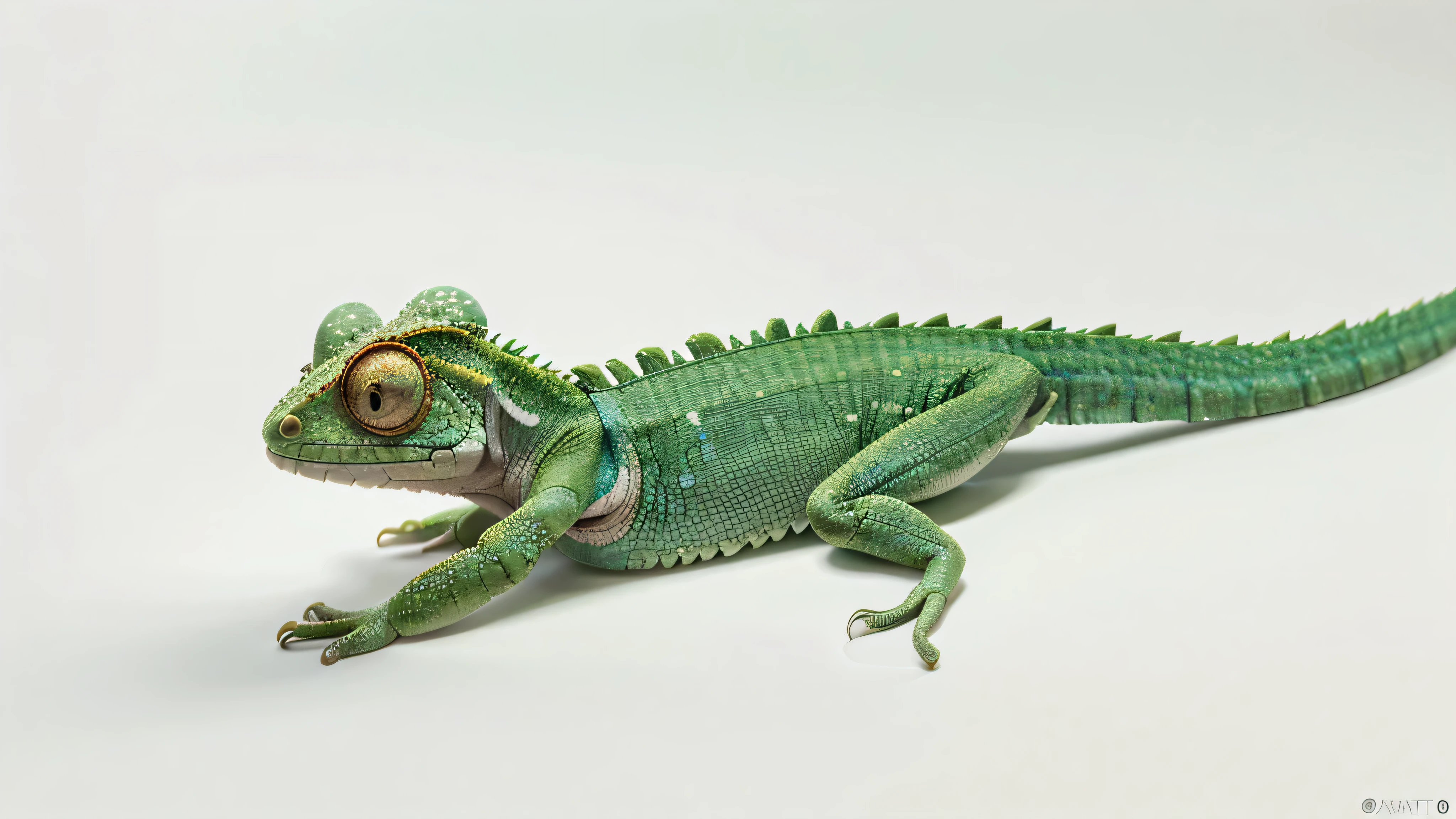 /imagine: A vibrant green chameleon blending seamlessly into a white background, showcasing its detailed texture and colors. 8k --ar 16:9 --v 6.0